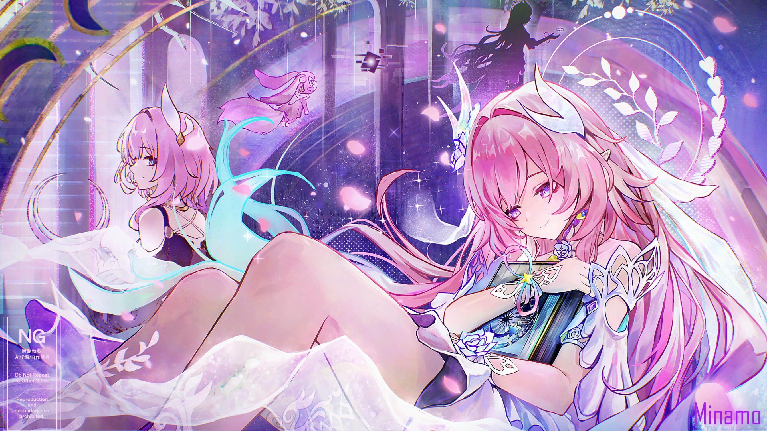 minamo (edosei edo), cyrene (aedes elysiae) (honkai: star rail), cyrene (honkai: star rail), cyrene (ripples of past reverie) (honkai: star rail), mem (honkai: star rail), honkai: star rail, honkai (series), commentary request, highres, 2girls, artist name, as i've written (honkai: star rail), bare shoulders, blue eyes, book, coat, diamond-shaped pupils, diamond (shape), dress, dual persona, earrings, flower, hair flower, hair ornament, holding, holding book, jewelry, long hair, multicolored hair, multiple girls, pink hair, pointy ears, purple coat, purple eyes, shirt, smile, symbol-shaped pupils, thighs, two-tone hair, very long hair, white dress, white shirt