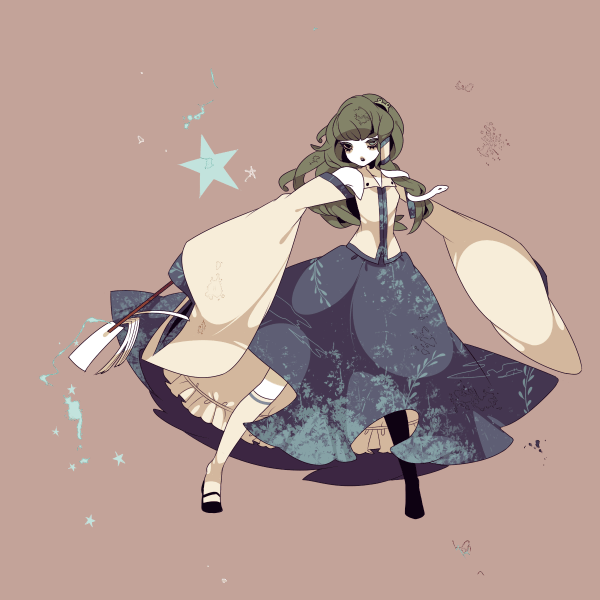 shikimi (yurakuru), kochiya sanae, touhou, bad id, bad pixiv id, 1girl, bare shoulders, detached sleeves, female focus, gohei, green eyes, green hair, japanese clothes, kneehighs, long hair, long skirt, matching hair/eyes, miko, oonusa, outstretched arms, pale skin, skirt, snake, socks, solo, spread arms, white socks, wide sleeves