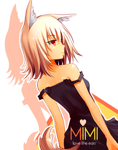 ochakai shin'ya, original, bad id, bad pixiv id, 1girl, animal ears, bare shoulders, black dress, blonde hair, dress, female focus, red eyes, short hair, solo, strap slip, tail