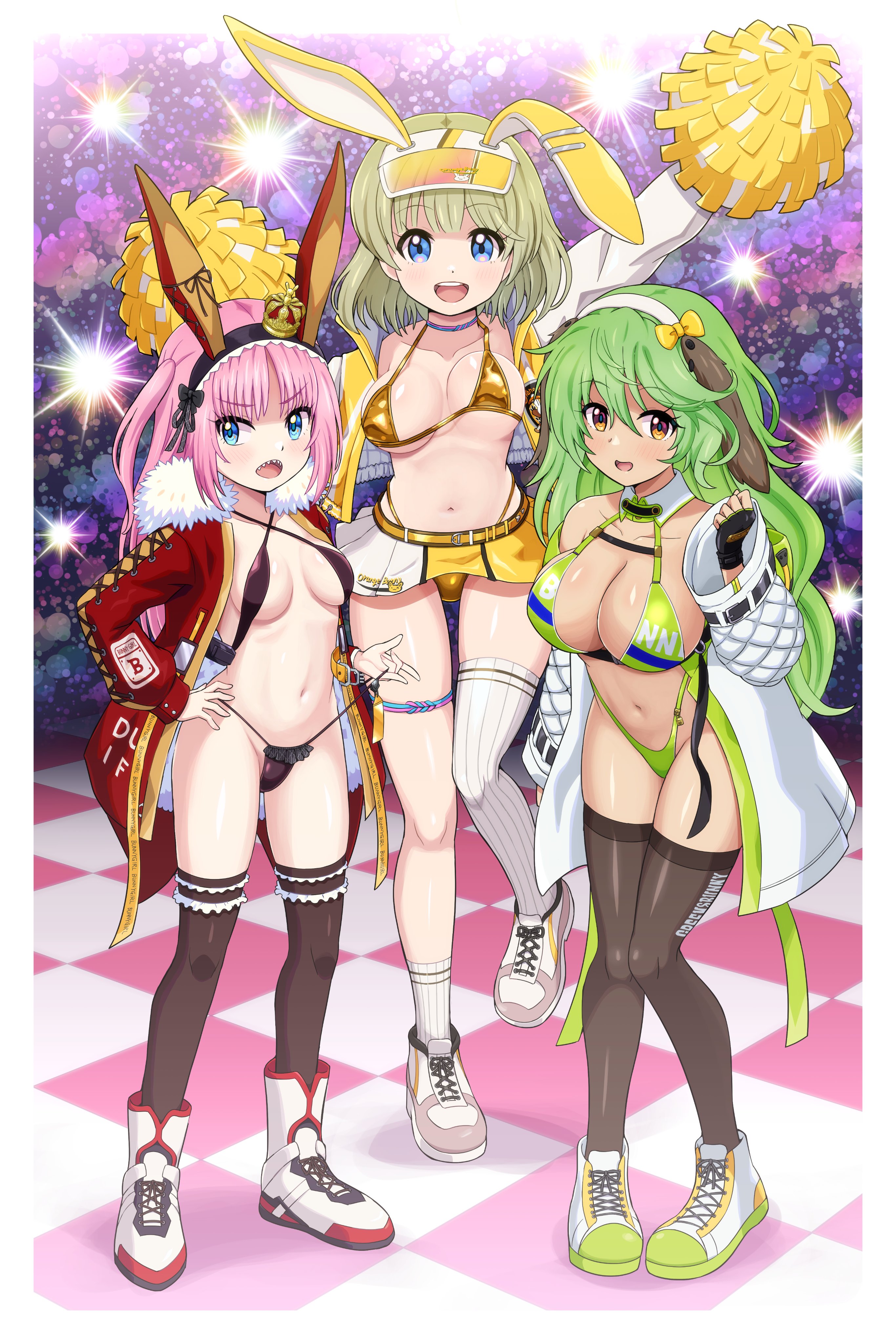 pokemoa, character request, commission, copyright request, skeb commission, bikini, breasts, large breasts, medium breasts, micro bikini, multiple girls, small breasts, swimsuit