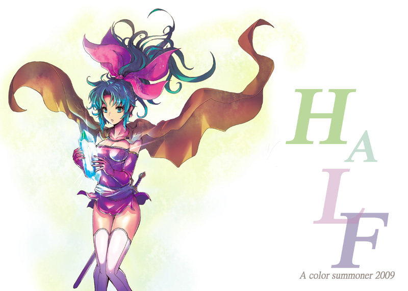 kara (color), tina branford, final fantasy, final fantasy vi, 1990s (style), 1girl, aqua eyes, aqua hair, bow, crystal, elbow gloves, female focus, gloves, pink bow, retro artstyle, solo, sword, thighhighs, weapon