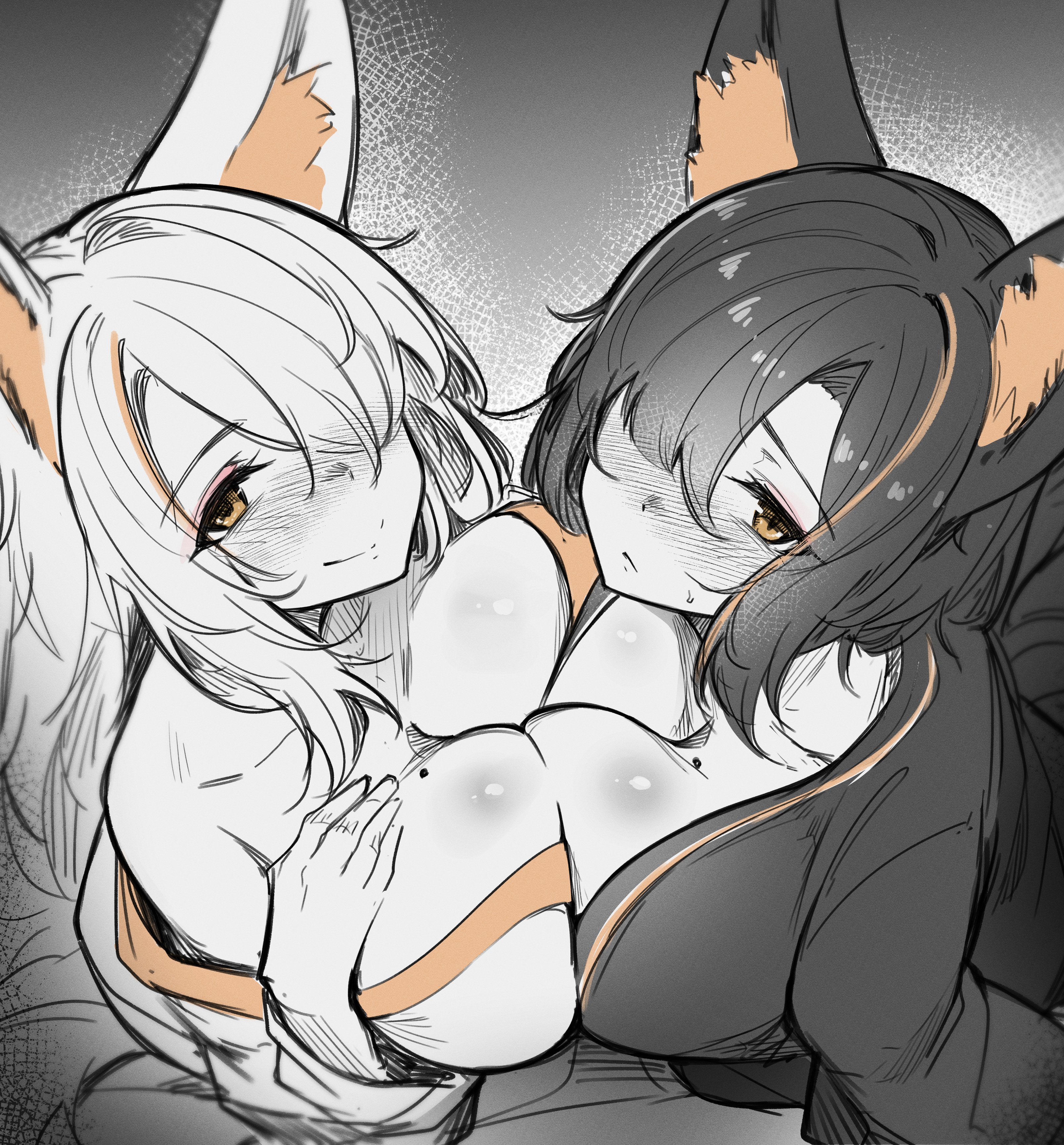 greenopi, original, 2girls, animal ear fluff, animal ears, bare shoulders, black hair, black kimono, blush, borrowed character, breast press, breasts, cleavage, fox ears, fox girl, hair over one eye, huge breasts, japanese clothes, kimono, long hair, mole, mole on breast, monochrome, multicolored hair, multiple girls, off shoulder, orange eyes, orange hair, orange trim, smile, spot color, symmetrical docking, two-tone hair, white hair, white kimono