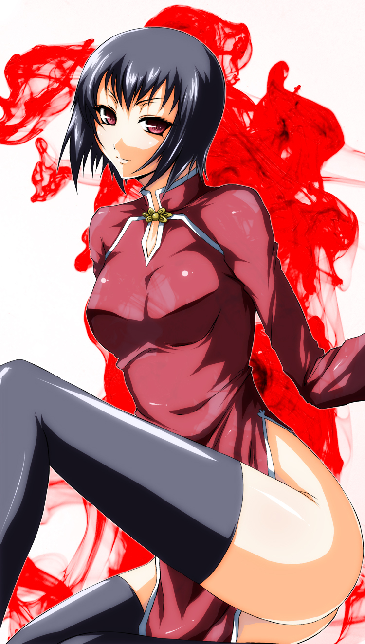 iwamoto eiri, liang qi, 428, 428: fuusa sareta shibuya de, canaan (series), chunsoft, bad id, bad pixiv id, highres, 1girl, ass, black hair, black thighhighs, china dress, chinese clothes, dress, female focus, leg up, legs, long legs, red eyes, short hair, side slit, solo, thighhighs, thighs