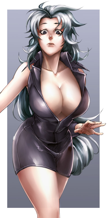 matsutake umeo, sangokushi taisen, 1girl, breasts, cleavage, female focus, genderswap, genderswap (mtf), grey hair, huge breasts, leaning forward, long hair, looking at viewer, sleeveless, solo, very long hair, walking
