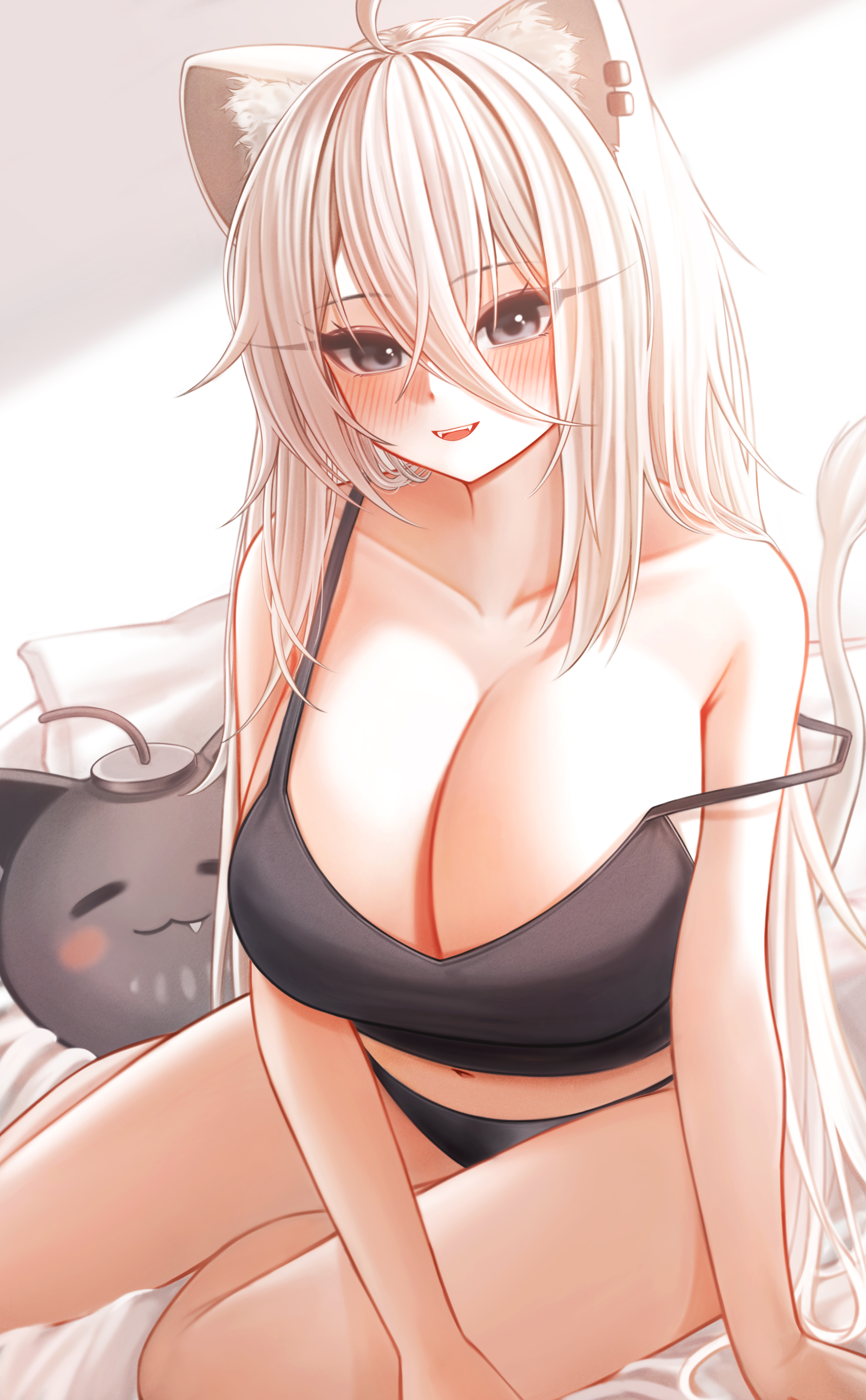 ruo1001, shishiro botan, ssrb (shishiro botan), hololive, absurdres, commentary request, highres, 1girl, ahoge, animal ears, black bra, black panties, bra, breasts, cleavage, grey eyes, grey hair, large breasts, lion ears, lion girl, lion tail, long hair, looking at viewer, open mouth, panties, smile, solo, spaghetti strap, strap slip, tail, underwear, very long hair, virtual youtuber