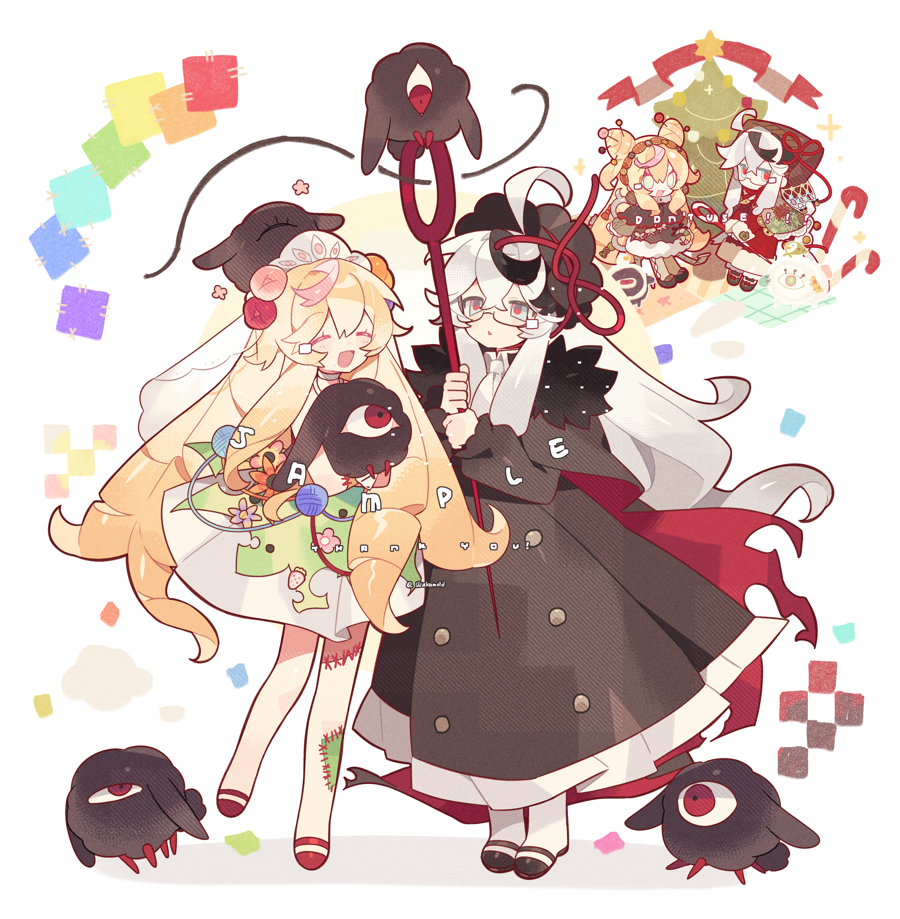 meimei (wakamoid), original, absurdres, highres, 2girls, :d, ^ ^, ahoge, black dress, black hairband, black shoes, blonde hair, blush stickers, chibi, closed eyes, creature, crossed bangs, double-parted bangs, dress, frilled dress, frills, full body, grey eyes, grey hair, hair between eyes, hairband, long hair, long sleeves, multiple girls, multiple views, open mouth, parted lips, patchwork skin, red shoes, sample watermark, shoes, smile, standing, watermark, white dress