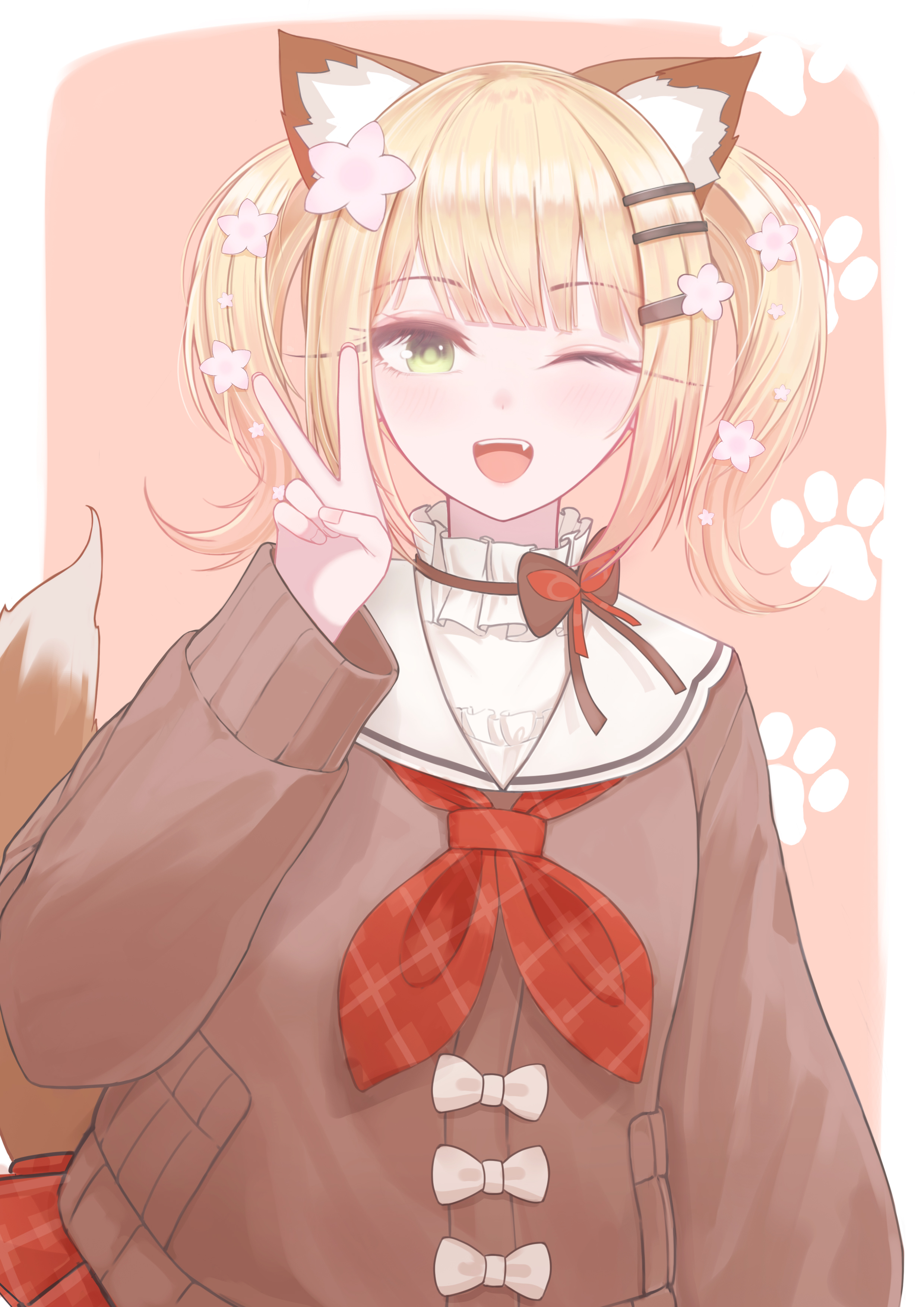 ruo1001, momosuzu nene, momosuzu nene (casual), hololive, absurdres, commentary request, highres, 1girl, animal ear fluff, animal ears, blonde hair, blush, brown cardigan, cardigan, dog ears, dog girl, dog tail, fang, green eyes, hair ornament, hairpin, looking at viewer, medium hair, official alternate costume, one eye closed, open mouth, shirt, smile, solo, star (symbol), star hair ornament, tail, teeth, upper teeth only, v, virtual youtuber, white shirt