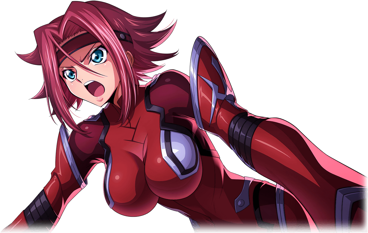 f4samurai, kouzuki kallen, code geass, code geass: lost stories, official art, 1girl, battle, blue eyes, bodysuit, headband, official alternate costume, open hand, open mouth, red bodysuit, red hair, red headband, short hair, solo, teeth