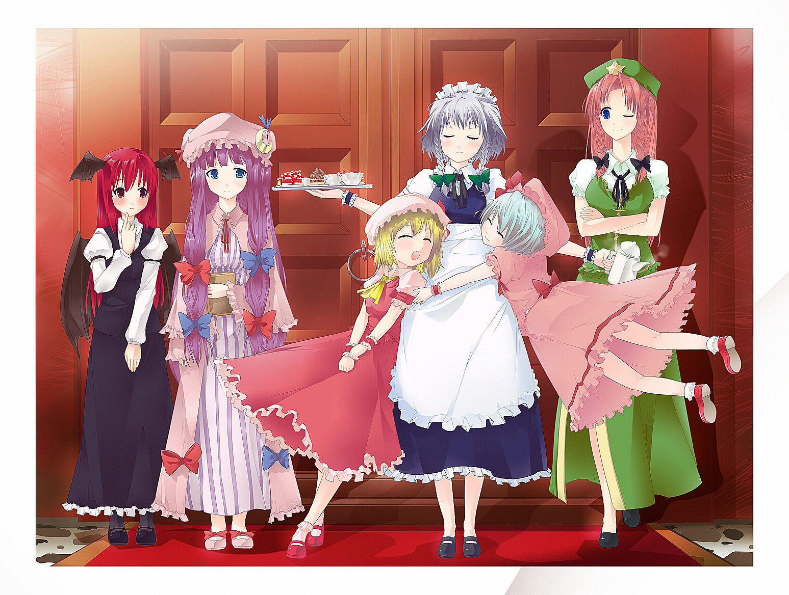 blue vert, flandre scarlet, hong meiling, izayoi sakuya, koakuma, patchouli knowledge, remilia scarlet, embodiment of scarlet devil, touhou, 6+girls, bad anatomy, bad proportions, bat wings, female focus, head wings, hug, multiple girls, one eye closed, poorly drawn, smile, wings, wink