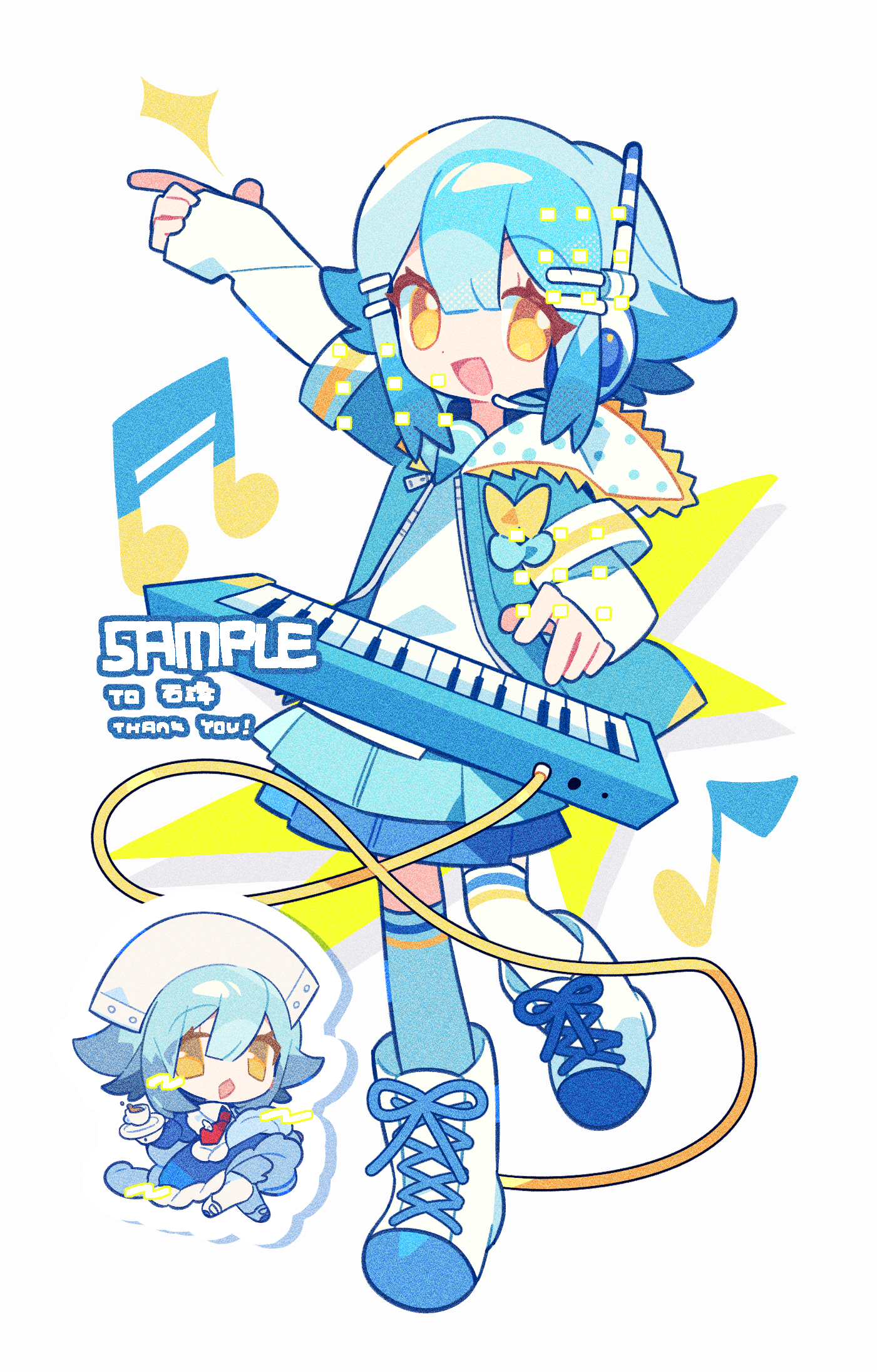 meimei (wakamoid), original, highres, 1girl, :d, arm up, blue hair, blue jacket, blue skirt, blunt bangs, boots, chibi, double-parted bangs, full body, hair between eyes, hair ornament, hairclip, hat, headset, instrument, jacket, keyboard (instrument), lace-up boots, layered sleeves, long sleeves, looking at viewer, multiple views, open clothes, open jacket, open mouth, outstretched arm, parallel hairclips, shirt, short hair, short over long sleeves, short sleeves, simple background, skirt, smile, standing, standing on one leg, striped clothes, striped thighhighs, thank you, thighhighs, white background, white boots, white hat, white shirt, white thighhighs, yellow eyes