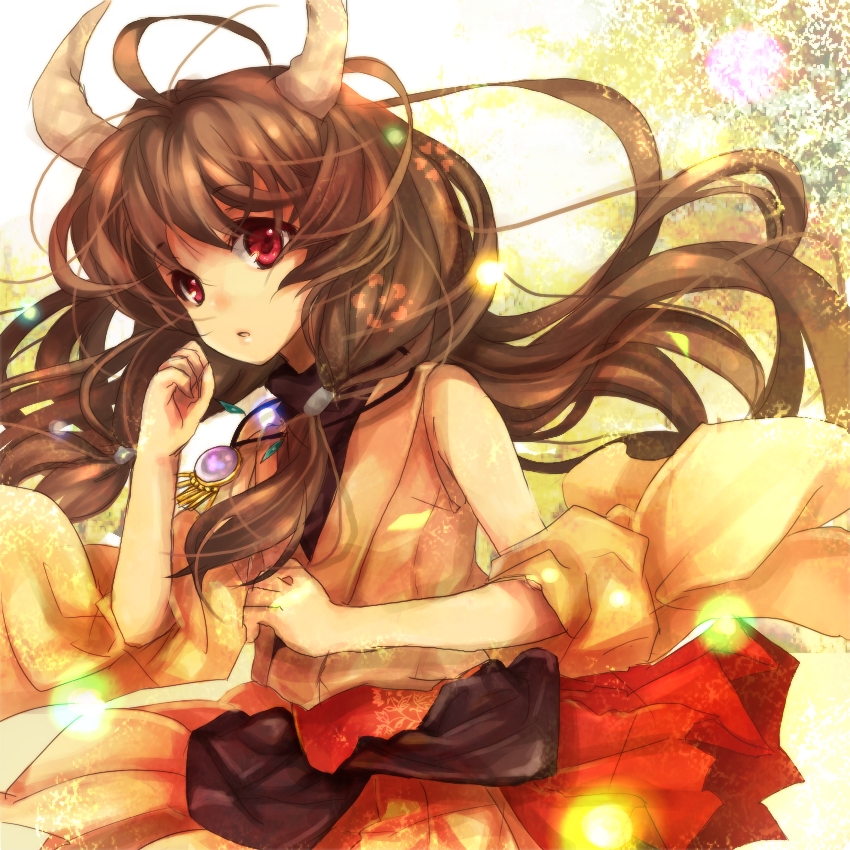 uni (gumin), naga (staygarden), ryuujin naga, bad id, bad pixiv id, 1girl, brown hair, female focus, horns, jewelry, long hair, pendant, red eyes, solo, turtleneck, wind