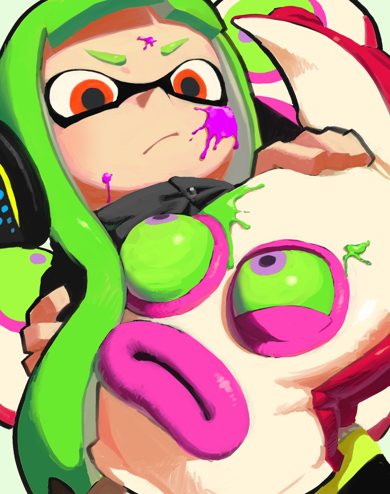 agent 3 (splatoon), octotrooper, nintendo, splatoon (series), splatoon 1, commentary request, highres, 1girl, behind-the-head headphones, black jacket, black outline, closed mouth, colored sclera, creature, green hair, green sclera, headphones, holding, holding creature, inkling, jacket, long hair, octarian (enemy), orange eyes, outline, paint splatter, paint splatter on face, purple eyes, tentacle hair, thick lips, twintails, v-shaped eyebrows, very long hair, zendoundo