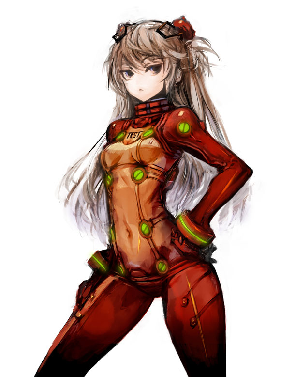 mamada, souryuu asuka langley, neon genesis evangelion, rebuild of evangelion, bad id, bad pixiv id, 00s, 1girl, alternate eye color, alternate hair color, black eyes, bodysuit, bra, bracer, breasts, clothes writing, covered navel, cowboy shot, curvy, english text, female focus, frown, gloves, glowing, grey hair, hair ornament, hairpods, hand on own hip, hand on own thigh, interface headset (evangelion), legs apart, long hair, looking at viewer, mecha pilot suit, neon trim, no nose, plugsuit (evangelion), see-through bodysuit, see-through clothes, simple background, sketch, small breasts, solo, test plugsuit (evangelion), turtleneck, underwear, white background, wide hips