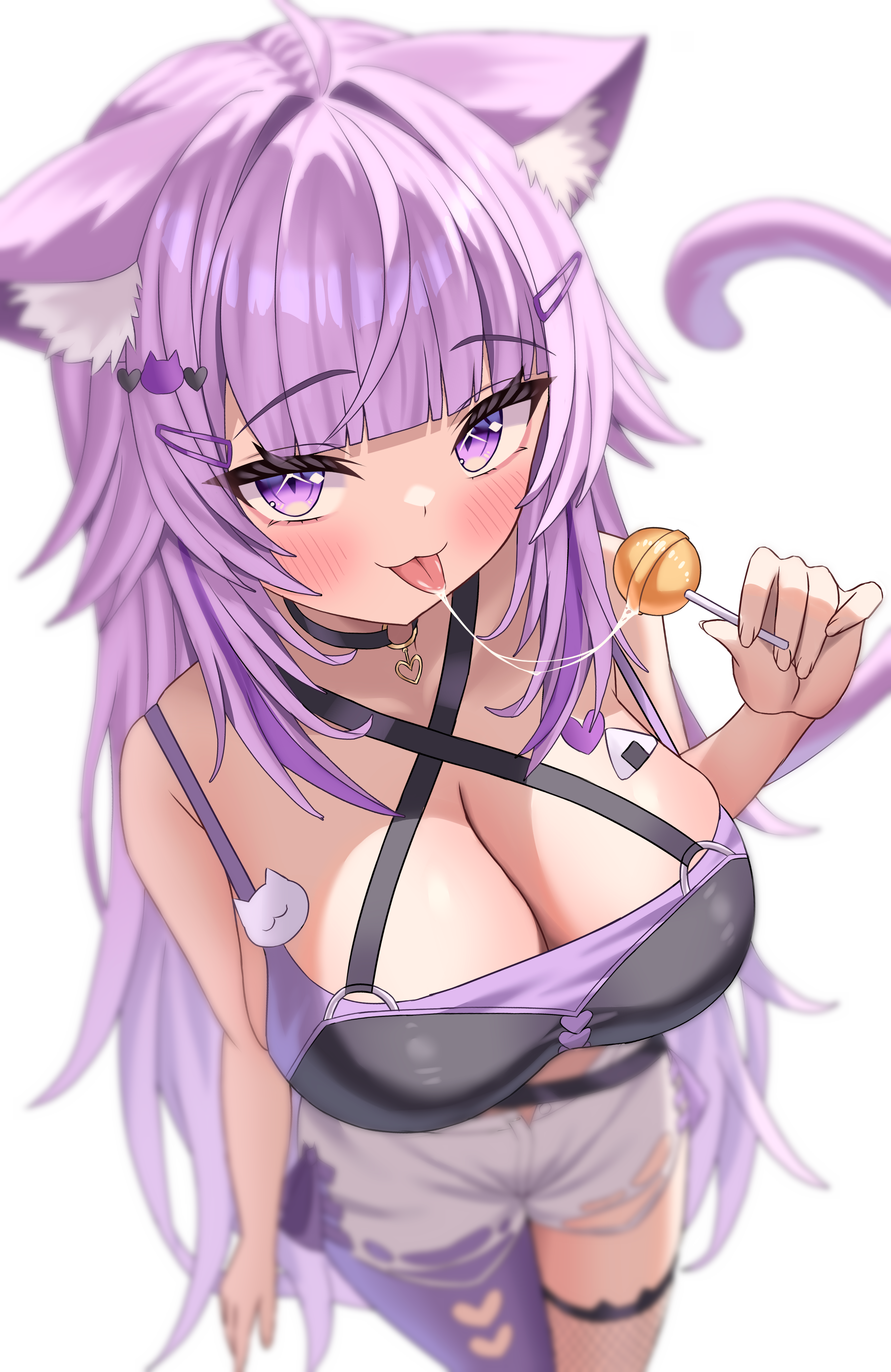 kumoru (kumoru 145), nekomata okayu, hololive, absurdres, commentary request, highres, 1girl, animal ears, bare shoulders, black choker, blush, breasts, candy, cat ears, cat girl, cat tail, choker, cleavage, criss-cross halter, food, hair ornament, hairclip, halterneck, holding, large breasts, lollipop, long hair, looking at viewer, open mouth, purple eyes, purple hair, purple thighhighs, saliva, saliva trail, shorts, simple background, single thighhigh, smile, solo, symbol-shaped pupils, tail, thigh strap, thighhighs, tongue, tongue out, white background, white shorts