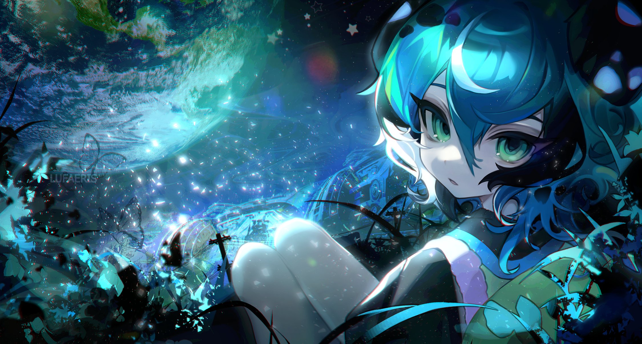 cloud (lufaeris), original, commentary, english commentary, highres, 1girl, aqua eyes, blue hair, double-parted bangs, earth (planet), grass, hair between eyes, light particles, looking at viewer, lying, multicolored hair, on back, on grass, parted lips, planet, short hair, solo, star (symbol), streaked hair
