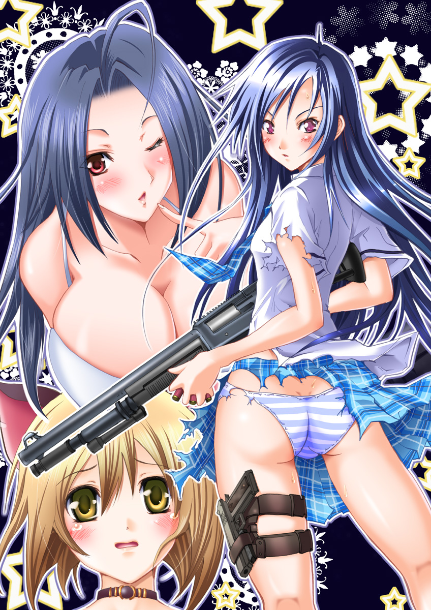 yokoyama naoki, hagiwara yukiho, kisaragi chihaya, miura azusa, idolmaster, idolmaster (classic), left 4 dead, left 4 dead 1, plaid neckwear, highres, 00s, 3girls, ass, blue hair, blush, breasts, collar, gun, huge breasts, long hair, looking back, multiple girls, necktie, one eye closed, panties, plaid clothes, plaid necktie, plaid skirt, rough time school, skirt, star (symbol), striped clothes, striped panties, torn clothes, trefoil, underwear, weapon, wink