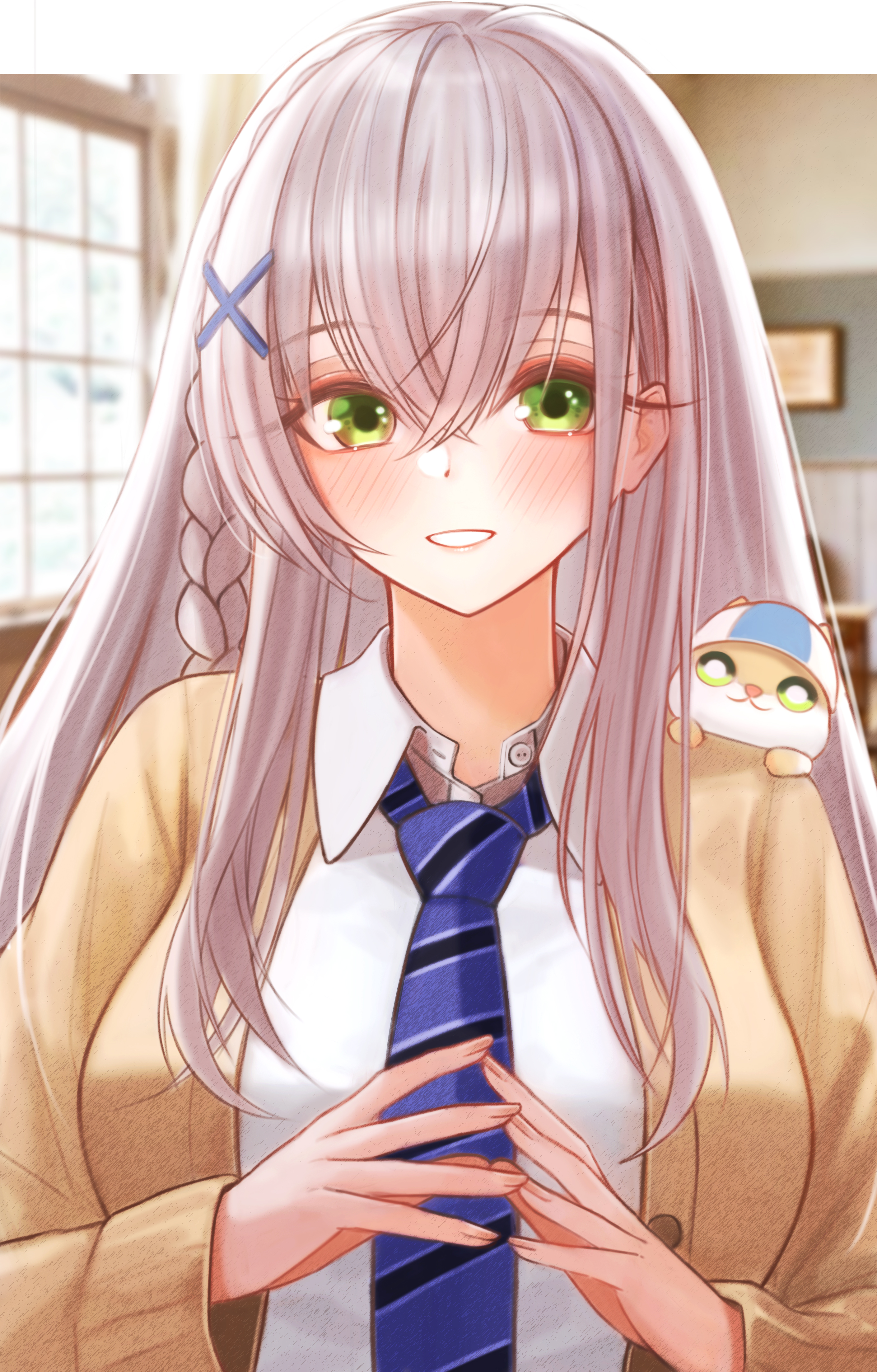 ruo1001, dan'in-san (shirogane noel), shirogane noel, hololive, absurdres, commentary request, highres, 1girl, alternate costume, blue necktie, blush, brown jacket, closed mouth, collared shirt, green eyes, grey hair, hair ornament, jacket, long hair, looking at viewer, necktie, school uniform, shirt, smile, solo, very long hair, virtual youtuber, white shirt, x hair ornament