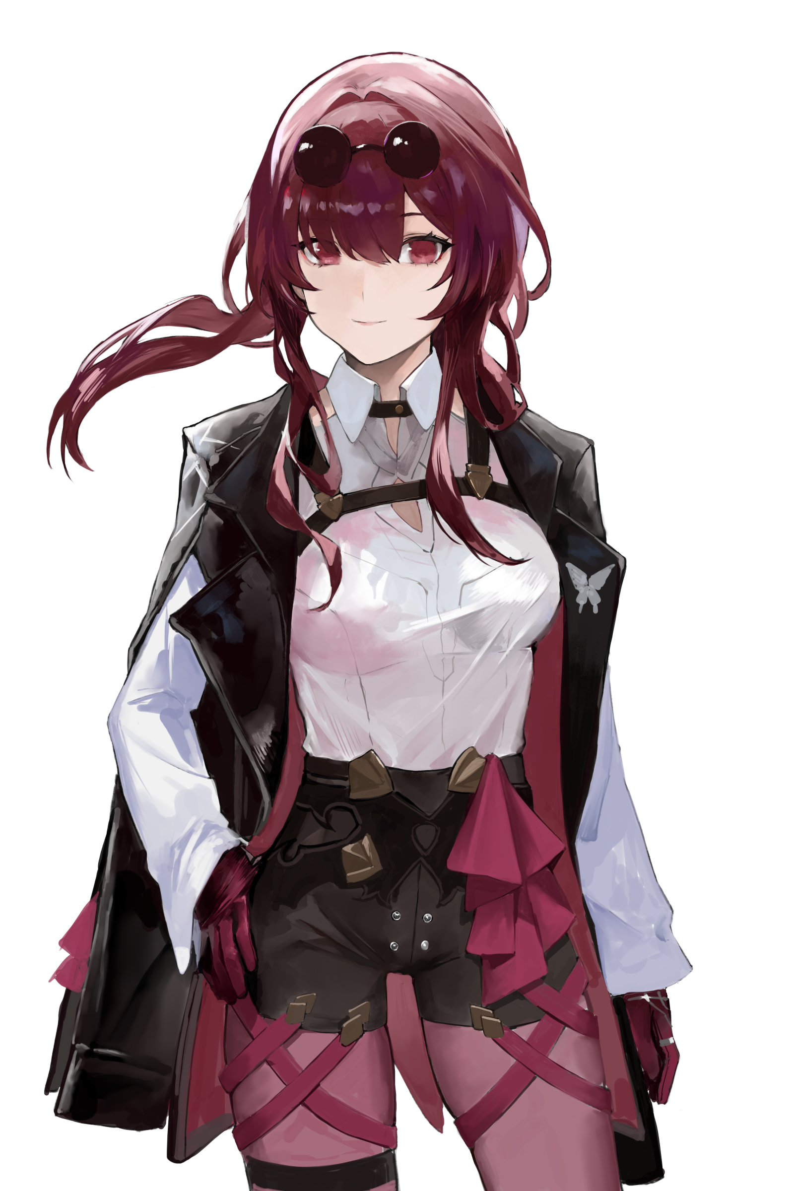 s 4ik4, kafka (honkai: star rail), honkai: star rail, honkai (series), absurdres, commentary request, highres, 1girl, black jacket, breasts, chest harness, collared shirt, eyewear on head, glasses, gloves, harness, jacket, jacket on shoulders, long sleeves, looking at viewer, pantyhose, pantyhose under shorts, pince-nez, ponytail, purple-tinted eyewear, purple eyes, purple gloves, purple hair, purple pantyhose, round eyewear, shirt, shorts, simple background, smile, solo, sunglasses, thigh strap, tinted eyewear, white background, white shirt