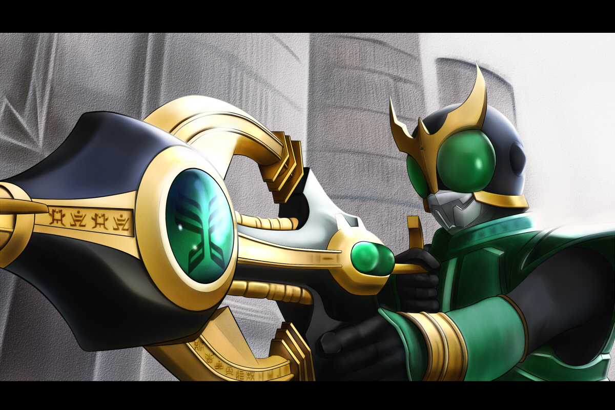 qontamblue, kamen rider kuuga, kamen rider, kamen rider kuuga (series), 1boy, bow (weapon), crossbow, grey background, letterboxed, male focus, solo, weapon