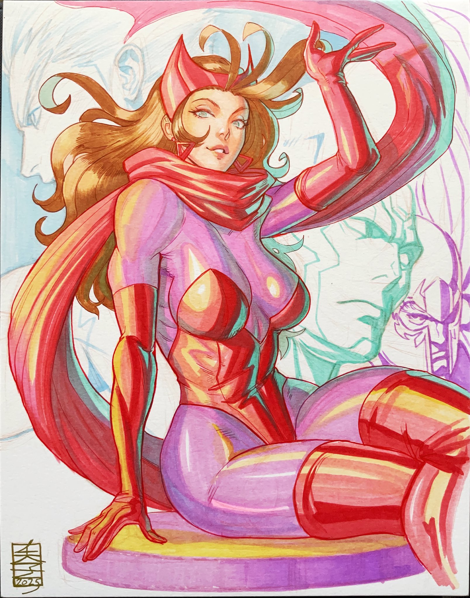 acecore2k, magneto, quicksilver (marvel), scarlet witch, vision (marvel), avengers (series), marvel, x-men, commentary, english commentary, highres, marker (medium), pen (medium), traditional media, 1girl, 2025, 3boys, bodysuit, breasts, brother and sister, brown hair, crossed legs, earrings, elbow gloves, father and daughter, father and son, floating clothes, floating hair, gloves, green eyes, helmet, husband and wife, jewelry, large breasts, leotard, long hair, multiple boys, parted lips, pink bodysuit, pinup (style), profile, red gloves, red leotard, red scarf, red thighhighs, scarf, siblings, sitting, solo focus, thighhighs, triangle earrings