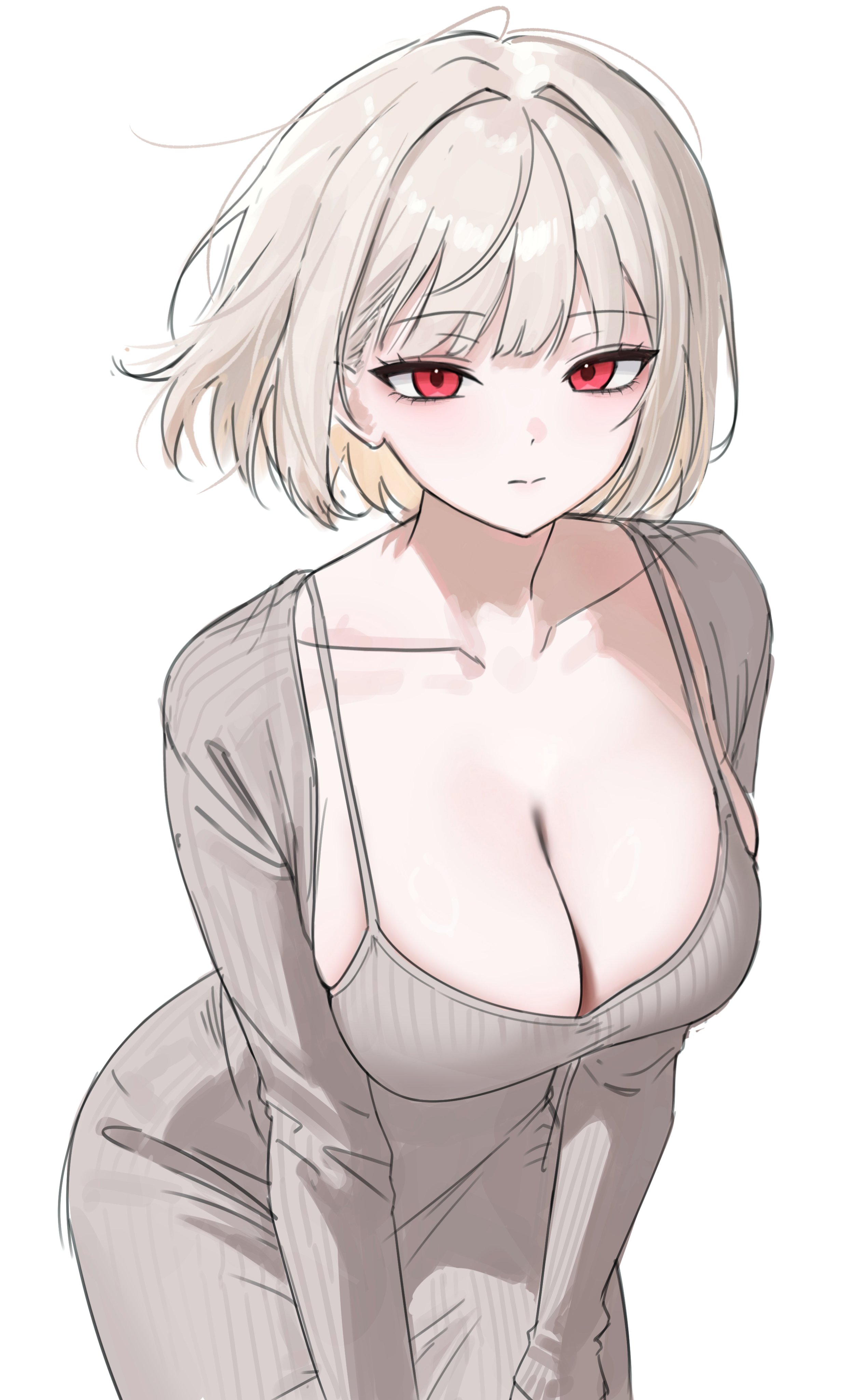 mumu muw, original, absurdres, commentary request, highres, korean commentary, 1girl, breasts, cleavage, closed mouth, collarbone, dongtan dress, dress, expressionless, grey jacket, jacket, large breasts, leaning forward, long sleeves, looking at viewer, red eyes, ribbed dress, ribbed sleeves, short hair, simple background, sleeveless, sleeveless dress, solo, spaghetti strap, white background, white hair