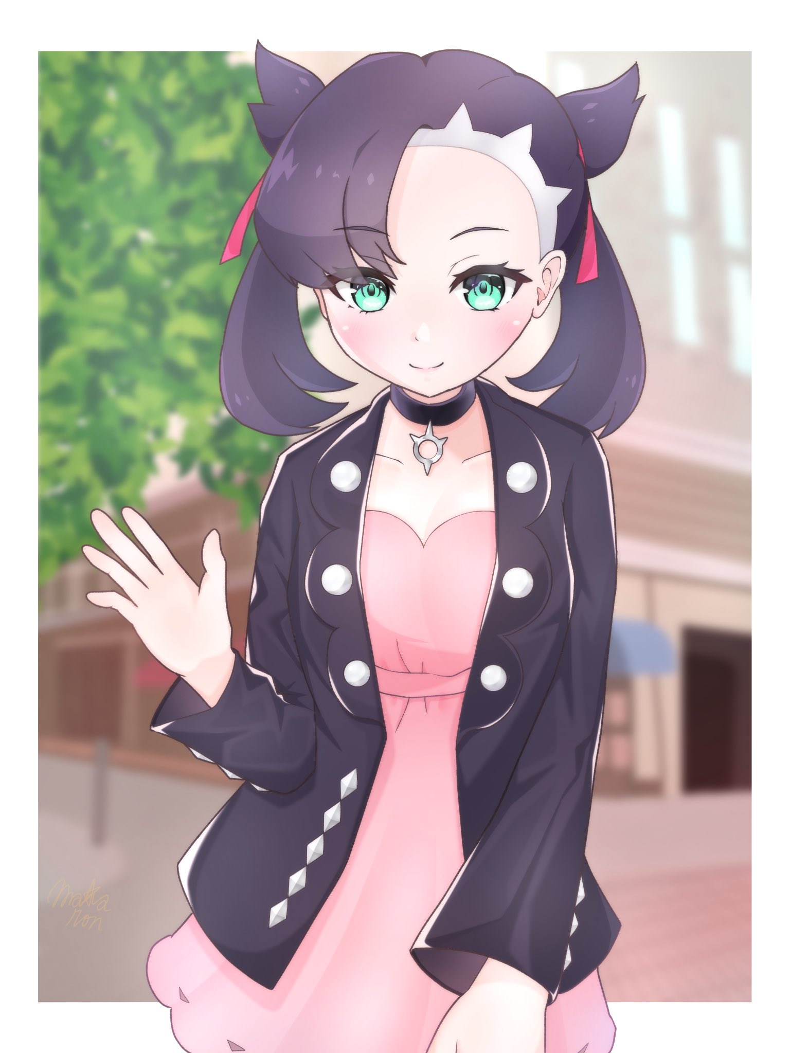 marnie (pokemon), nintendo, pokemon, pokemon swsh, commentary request, highres, 1girl, asymmetrical bangs, black choker, black hair, black jacket, blurry, blurry background, blush, border, choker, closed mouth, cowboy shot, day, dress, green eyes, hair ribbon, hand up, jacket, looking at viewer, makaron (user kmsm3537), outdoors, pink dress, ribbon, smile, solo, twintails, undercut, waving, white border