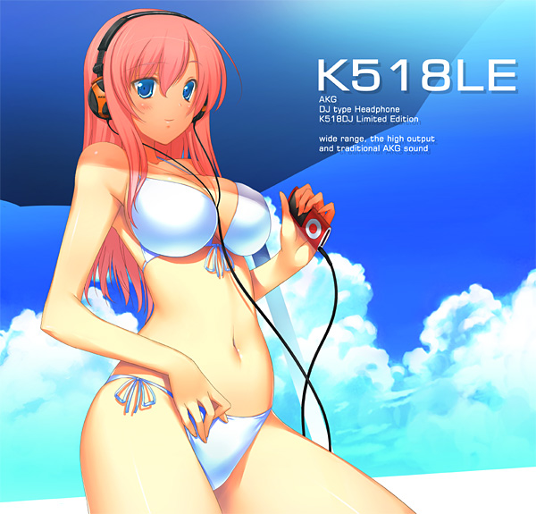 47agdragon, megurine luka, vocaloid, 1girl, bikini, blue eyes, breasts, cloud, day, digital media player, female focus, headphones, ipod, ipod nano, ipod nano 4g, outdoors, pink hair, sky, solo, swimsuit, white bikini