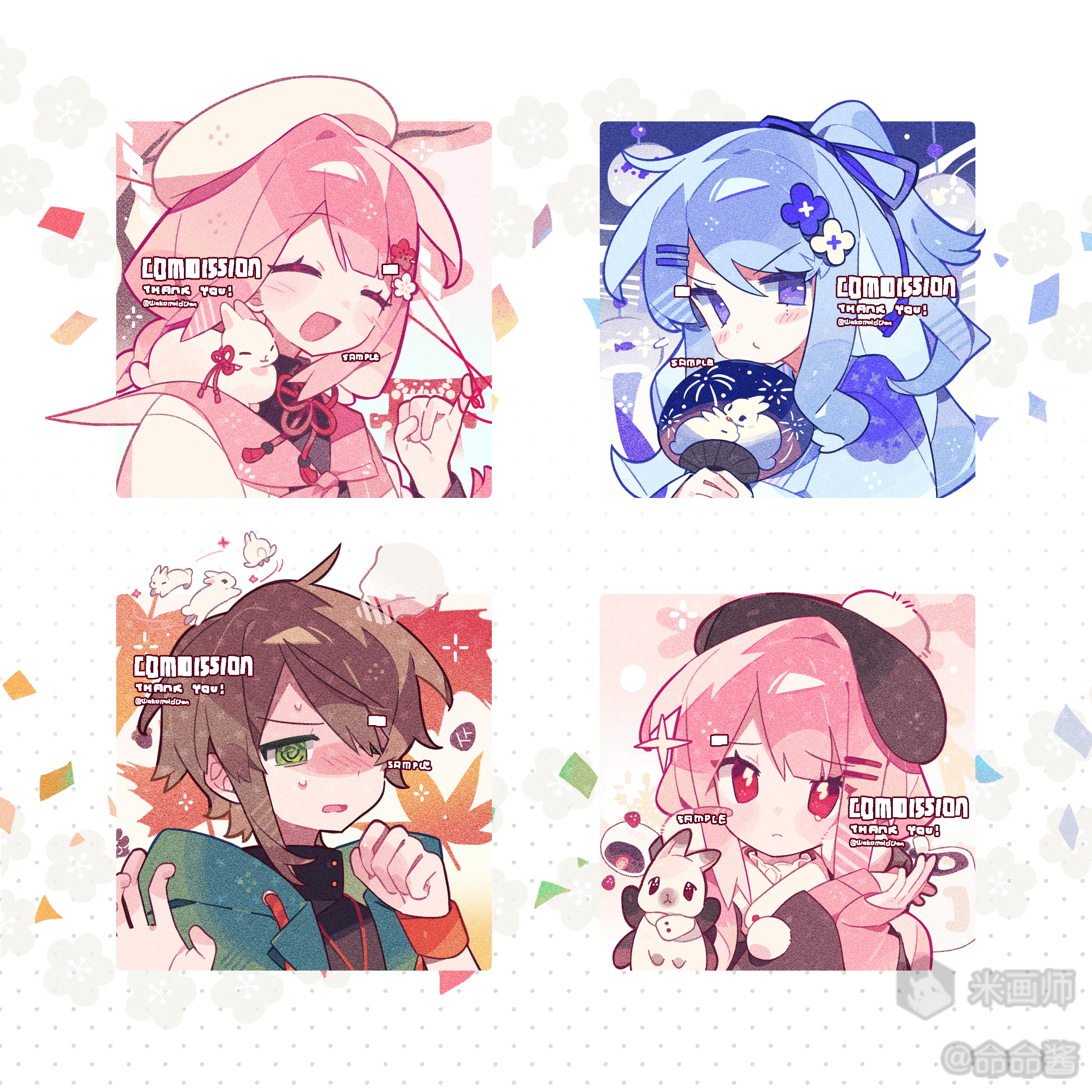 meimei (wakamoid), original, absurdres, commission, highres, 1boy, 3girls, :d, @ @, ^ ^, black hat, blue hair, blue shirt, blunt bangs, blush, brown hair, closed eyes, closed mouth, green eyes, green shirt, hair ornament, hair over one eye, hairclip, hands up, hat, long hair, long sleeves, looking at viewer, mihuashi username, multiple girls, open mouth, parallel hairclips, parted bangs, pink hair, pink shirt, pom pom (clothes), portrait, purple eyes, red eyes, shirt, short hair, smile, sweat, thank you, twitter username, v-shaped eyebrows, white hat