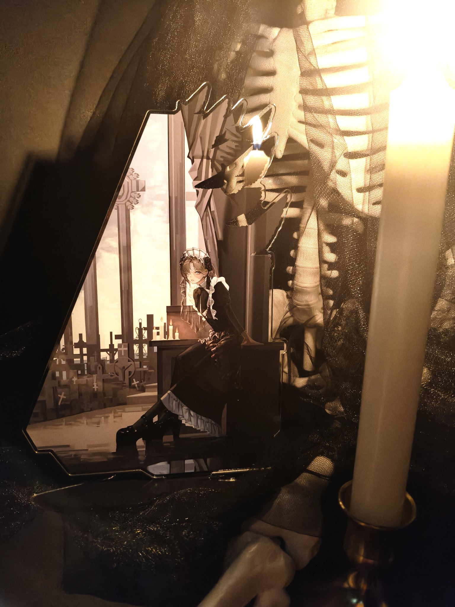 kanae (19th costume) (nijisanji), kanae (nijisanji), nijisanji, commentary, highres, symbol-only commentary, 1boy, apron, black dress, brown hair, bw sekai, crossdressing, crossdressing (mtf), dress, expressionless, frilled dress, frills, juliet sleeves, long dress, long sleeves, looking at viewer, maid, maid apron, maid headdress, male focus, male maid, official alternate costume, platform shoes, puffy sleeves, see-through clothes, see-through veil, sitting, solo, sunlight, veil, virtual youtuber, warm colored, white apron, white headdress, wide shot