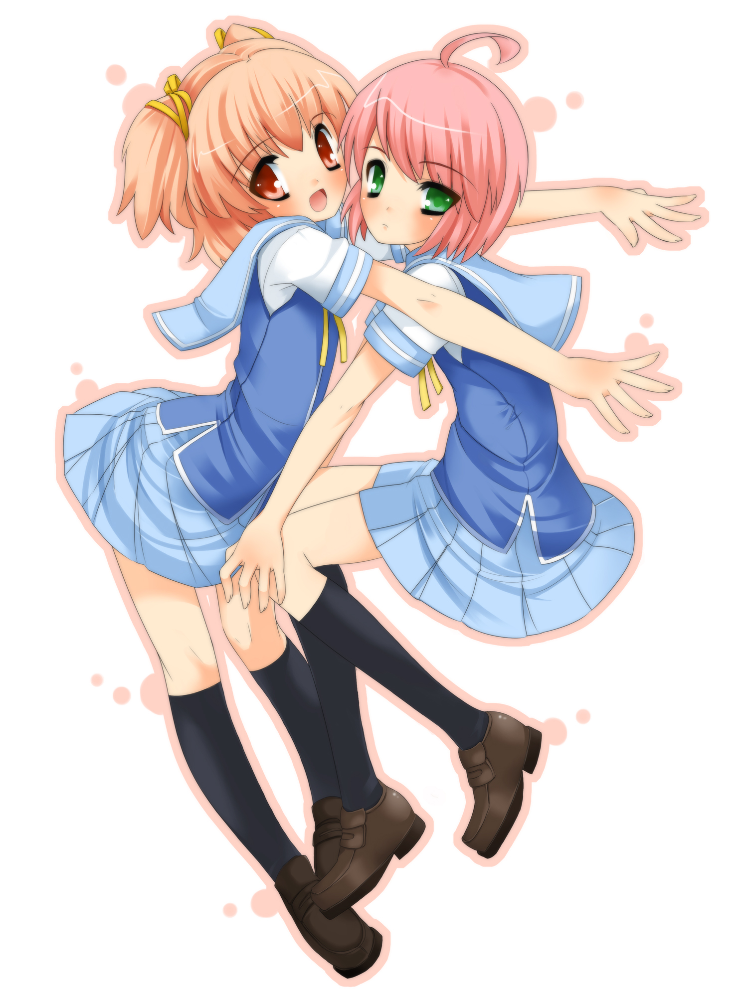 shouji ayumu, original, highres, 2girls, ahoge, green eyes, multiple girls, pink hair, red eyes, ribbon, school uniform, short twintails, socks, twintails