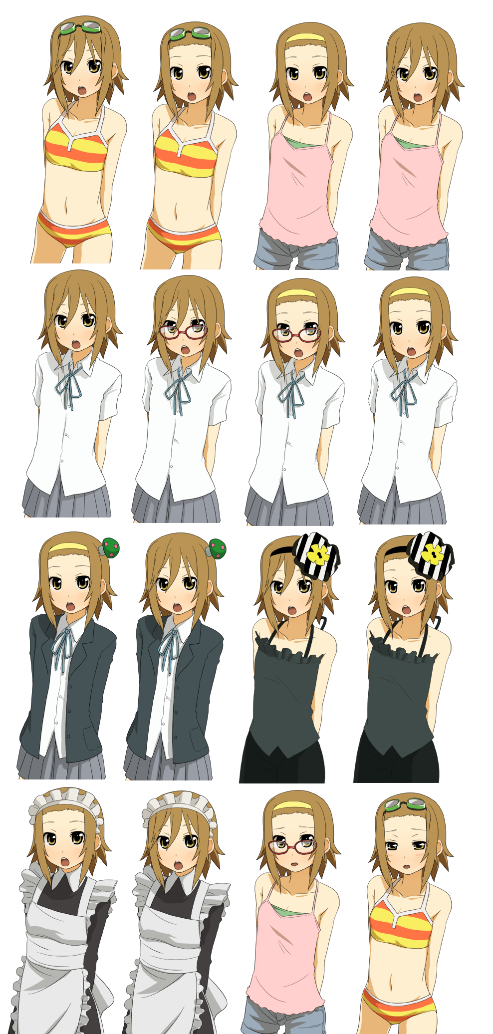 unyon, tainaka ritsu, don't say "lazy", k-on!, bad id, bad pixiv id, highres, 00s, 1girl, alternate costume, alternate hairstyle, bikini, blazer, blush, brown hair, camisole, enmaided, female focus, glasses, goggles, hair down, hairband, jacket, maid, multiple views, mushroom, school uniform, short hair, shorts, striped bikini, striped clothes, swimsuit