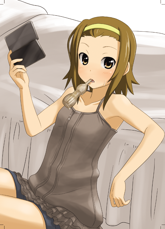 unyon, tainaka ritsu, k-on!, bad id, bad pixiv id, 00s, 1girl, brown hair, camisole, female focus, food, hairband, handheld game console, ice cream, mouth hold, nintendo ds, playing games, short hair, solo, video game