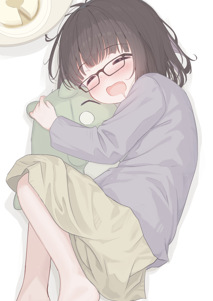 mimikaki (men bow), original, commentary request, paid reward available, translation request, 1girl, black-framed eyewear, black hair, blush, cardigan, closed eyes, dress, drooling, food, glasses, green dress, grey cardigan, long sleeves, lying, mouth drool, on side, open mouth, plate, simple background, solo, white background
