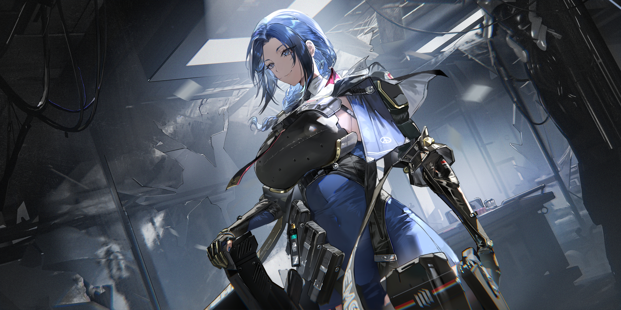 dalanxia, dp-12 (girls' frontline), helen (girls' frontline 2), girls' frontline, girls' frontline 2: exilium, highres, official art, 1girl, ammunition pouch, armor, black gloves, blue dress, blue eyes, blue hair, blue nails, breastplate, breasts, detached collar, dress, dutch angle, gloves, gun, hair over shoulder, huge breasts, indoors, long hair, nail polish, necktie, partially fingerless gloves, planted gun, pouch, pump action, shotgun, smile, standard manufacturing dp-12, weapon