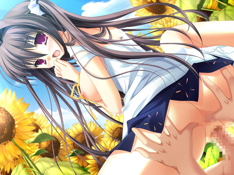kozakura ryou, nanase ayumu, natsu yume nagisa, 1boy, 1girl, ass, blush, breasts, brown hair, censored, cloud, dress, dutch angle, flower, girl on top, grabbing another's ass, groping, hetero, large breasts, light rays, long hair, looking at viewer, looking back, neck ribbon, nipples, no panties, open mouth, outdoors, penis, pink eyes, pussy, pussy juice, reverse cowgirl position, ribbon, scrunchie, sex, sky, sleeveless, sleeveless dress, straddling, sunbeam, sunflower, sunlight, twintails, vaginal, white dress, yellow ribbon