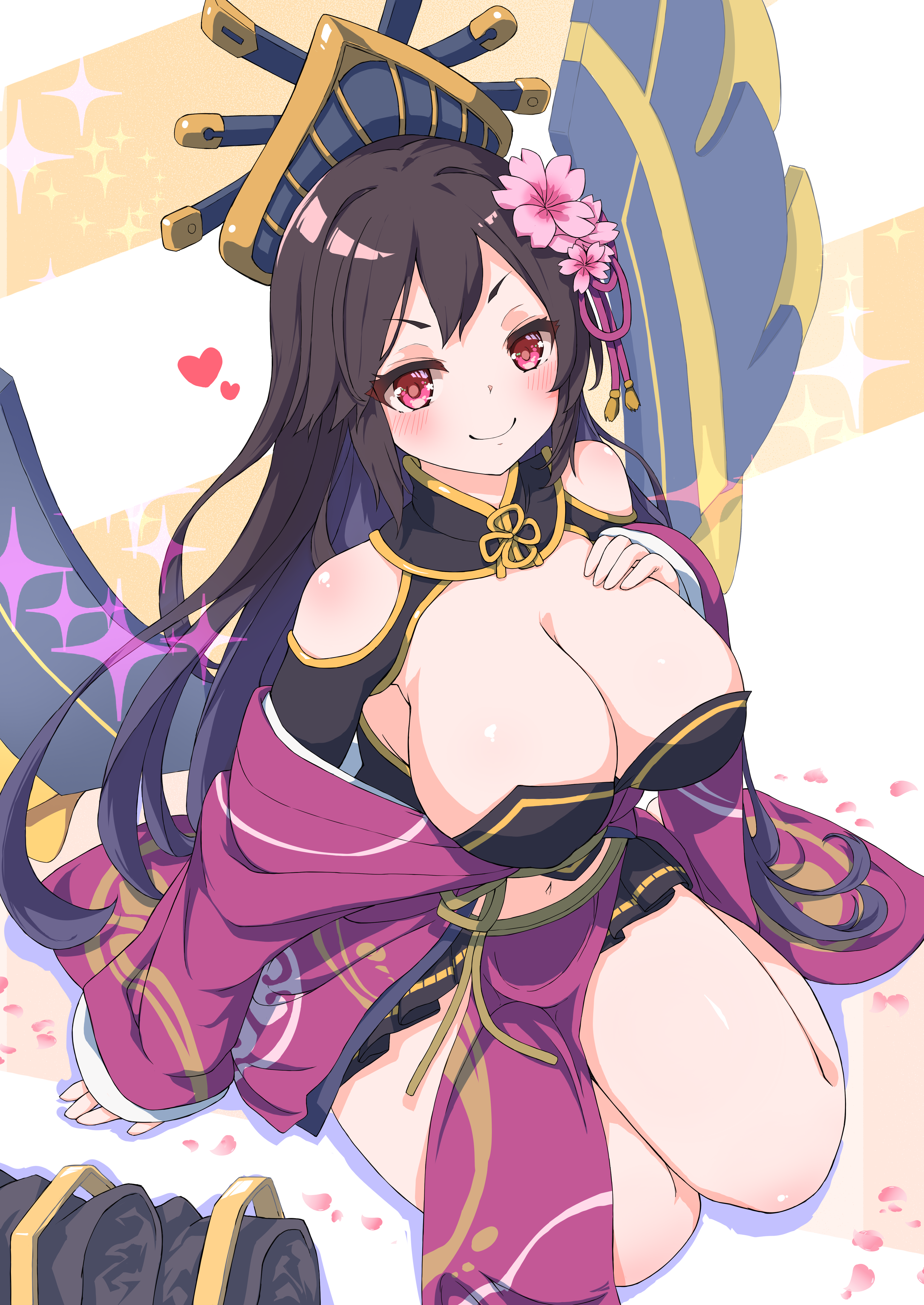 bluekalmia, oshiro project:re, absurdres, character request, check character, commentary request, highres, 1girl, bare shoulders, black skirt, blush, breasts, brown hair, cleavage, crown, flower, hair flower, hair ornament, hairclip, japanese clothes, kimono, kowloon city (oshiro project), large breasts, long hair, long sleeves, looking at viewer, navel, pink kimono, pleated skirt, print kimono, red eyes, shrug (clothing), sitting, skirt, smile, solo, wide sleeves
