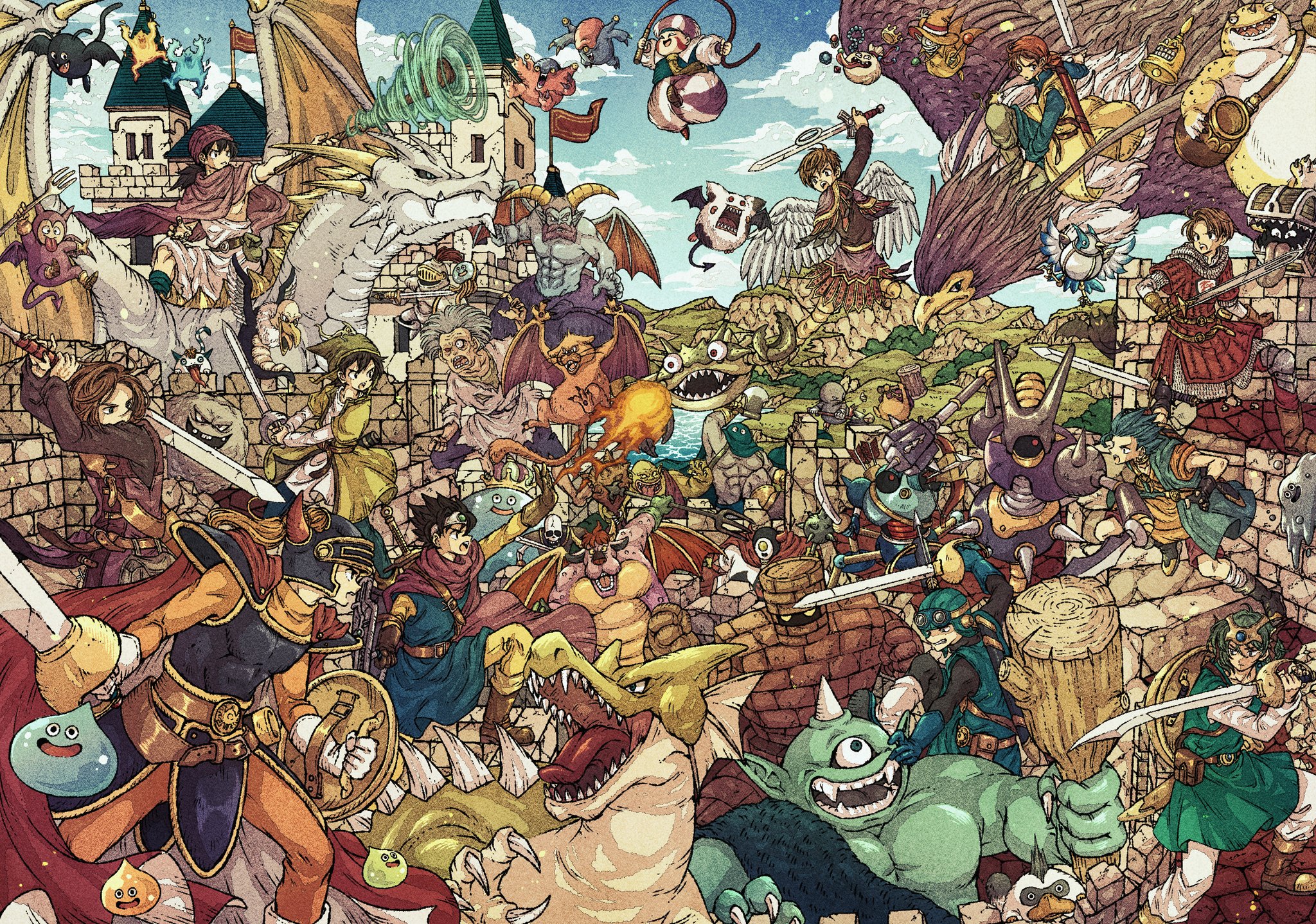 toriga, archdemon (dragon quest), cannibox, chimaera (dragon quest), cyclops (dragon quest), dracky, golem (dragon quest), goodybag (dragon quest), hammerhood (dragon quest), healslime, hero (dq1), hero (dq10), hero (dq11), hero (dq3), hero (dq4), hero (dq5), hero (dq6), hero (dq7), hero (dq8), hero (dq9), hood (dragon quest), imp (dragon quest), jailcat, killing machine (dragon quest), king slime (dragon quest), liquid metal slime (dq), overkilling machine (dragon quest), platypunk, prince of lorasia, roto (dq3), she-slime, skeleton (dragon quest), slime (dragon quest), teeny sanguini, walking corpse (dragon quest), wrecktor, dragon quest, dragon quest i, dragon quest ii, dragon quest iii, dragon quest iv, dragon quest ix, dragon quest v, dragon quest vi, dragon quest vii, dragon quest viii, dragon quest x, dragon quest xi, character request, commentary request, highres, angel wings, armor, battle, black hair, blue hair, brown gloves, brown hair, cape, crown, dancing flame, dragon, fake horns, frostburn (dragon quest), gloves, goggles, goggles on headwear, green hair, grey hair, halo, helmet, holding, holding staff, holding sword, holding weapon, holding whip, horned helmet, horns, jargon (dragon quest), lime slime, open mouth, red cape, shield, slime (creature), soul mole (dragon quest), staff, sword, tongue, tongue out, weapon, whip, wings