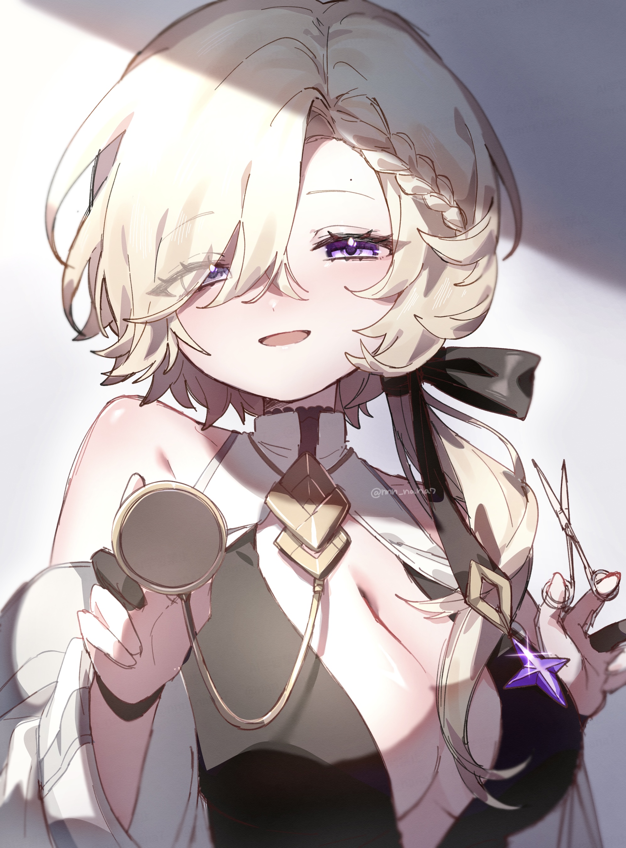 coronis (stella sora), blonde hair, braid, breasts, cleavage, purple eyes, scissors, smile, stethoscope