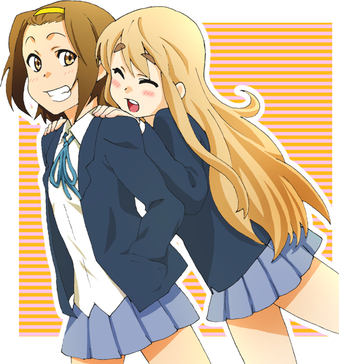 umesge, kotobuki tsumugi, tainaka ritsu, k-on!, hands on shoulders, bad id, bad pixiv id, 00s, 2girls, blonde hair, brown hair, closed eyes, grin, hairband, happy, long hair, multiple girls, open mouth, round teeth, school uniform, short hair, smile, striped background, teeth