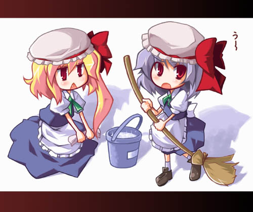 utsurogi angu, flandre scarlet, izayoi sakuya, remilia scarlet, touhou, lowres, 2girls, :<, :o, alternate costume, broom, bucket, bucket of water, cosplay, enmaided, female focus, hat, izayoi sakuya (cosplay), maid, multiple girls, siblings, sisters