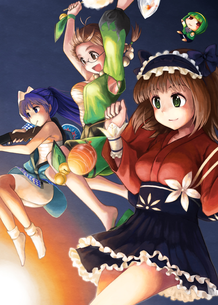 yakusa, akizuki ritsuko, amami haruka, kisaragi chihaya, idolmaster, idolmaster (classic), 00s, japanese clothes, kimono, kimono skirt, lolita fashion, maid, matsuri-da wasshoi (idolmaster), skirt, wa lolita, yukata, yukata maid (idolmaster)