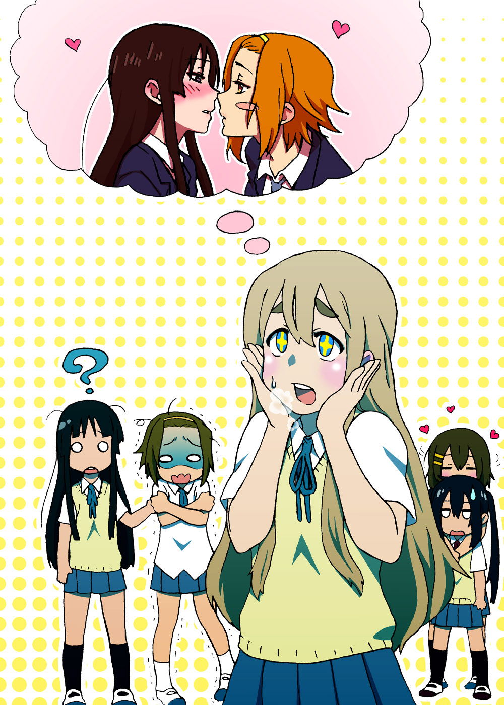 umesge, akiyama mio, hirasawa yui, kotobuki tsumugi, nakano azusa, tainaka ritsu, k-on!, bad id, bad pixiv id, highres, + +, 00s, 5girls, ?, blush, blush stickers, hair ornament, hairband, hairclip, heart, ho-kago tea time, hug, imagining, jitome, long hair, multiple girls, o o, polka dot, school uniform, short hair, symbol-shaped pupils, trembling, turn pale, twintails, wavy mouth, yuri