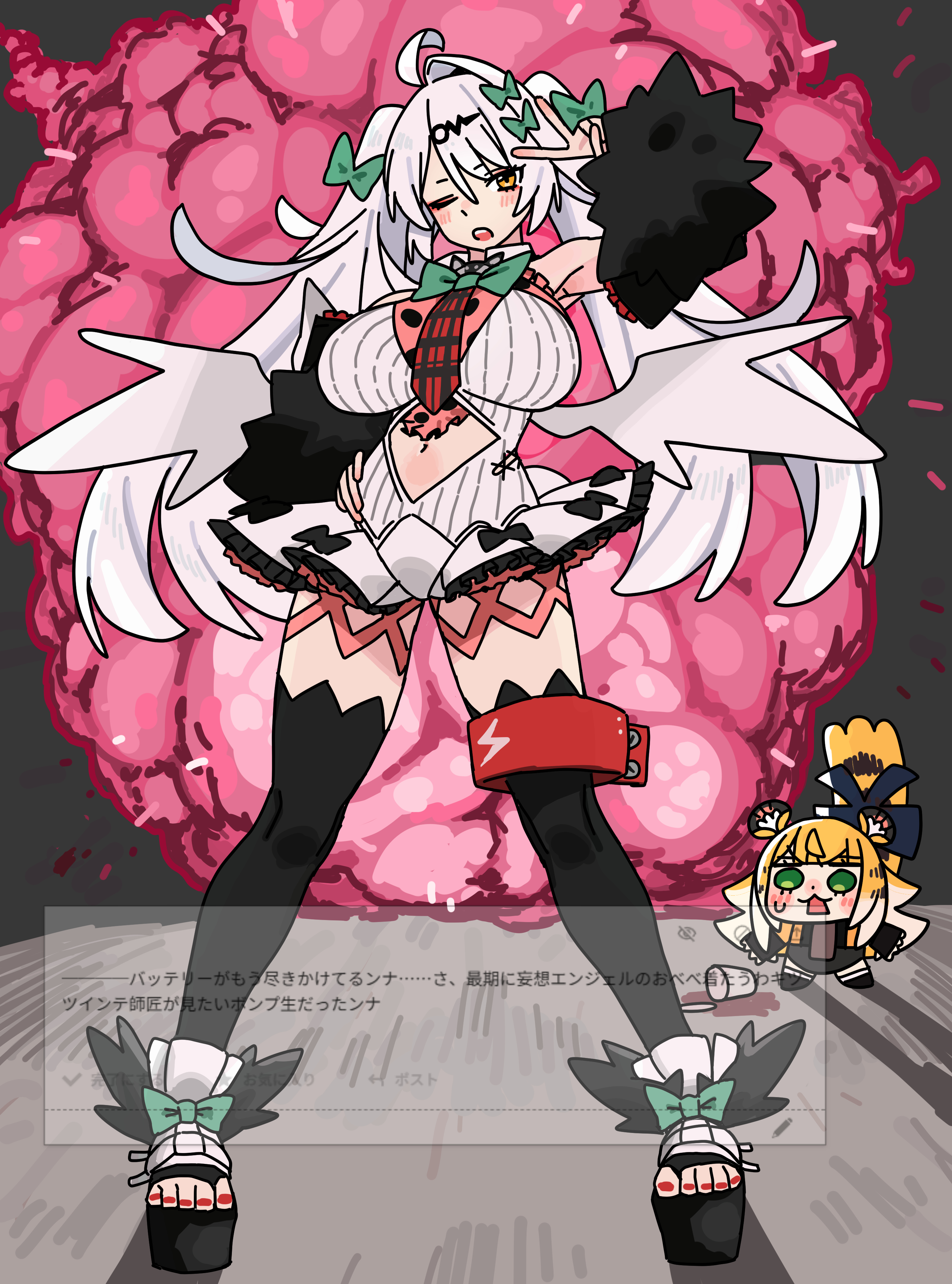 andii (anzai teachco), ju fufu, rokudu sariel, yixuan (zenless zone zero), zenless zone zero, absurdres, commentary request, highres, 2girls, :3, ahoge, animal ear fluff, animal ears, arm up, armpits, bare shoulders, black bow, black sleeves, black thighhighs, blush, bow, bowtie, breasts, chibi, clothing cutout, colored inner hair, cosplay, cup, detached sleeves, drinking glass, explosion, explosion background, footwear bow, full body, fur-trimmed sleeves, fur trim, green bow, green bowtie, green eyes, hair ornament, hairpin, hand on own hip, jacket, large breasts, legs apart, long hair, looking at viewer, multicolored hair, multiple girls, nail polish, navel, navel cutout, one eye closed, open-toe shoes, open mouth, orange fur, red nails, rokudu sariel (cosplay), single hair intake, striped fur, striped hair, sweatdrop, tail, tail bow, tail ornament, thigh strap, thighhighs, tiger ears, tiger girl, tiger stripes, tiger tail, toenail polish, toenails, too many bows, twintails, v, v over head, very long hair, white hair, white wings, wings, yellow eyes, yellow jacket