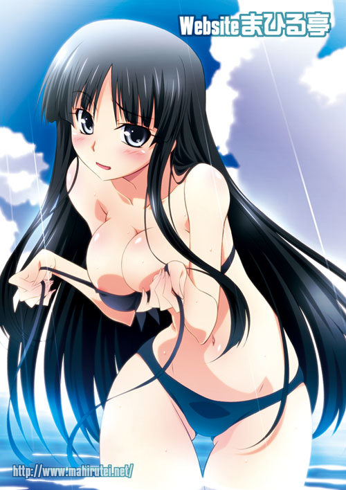 izumi mahiru, akiyama mio, k-on!, 00s, 1girl, areola slip, bikini, blunt bangs, blush, breasts, cleavage, curvy, day, female focus, hime cut, hip focus, large breasts, long hair, solo, swimsuit, thigh gap, very long hair, wardrobe malfunction, wide hips