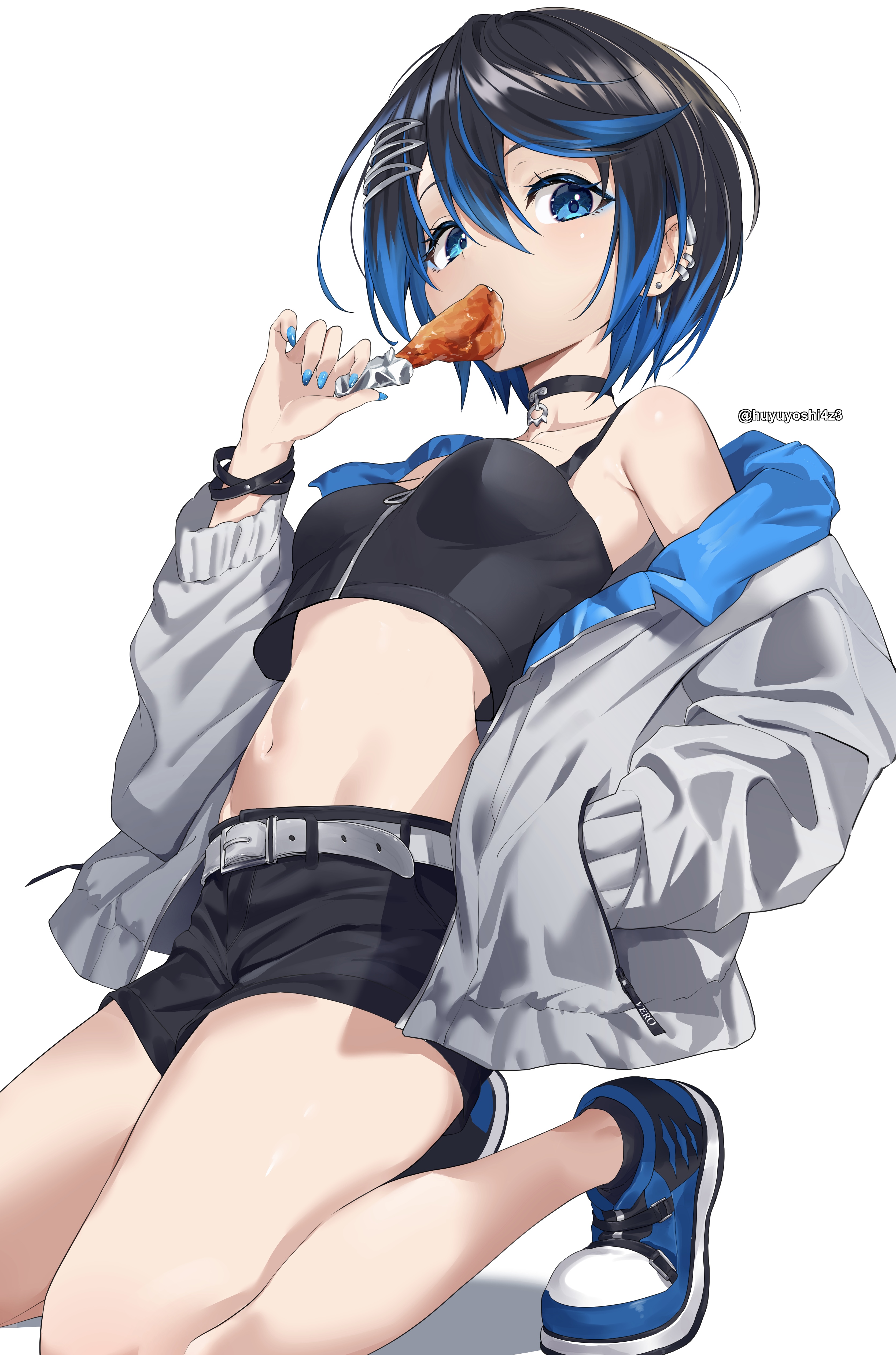 yoshinatsu, original, absurdres, commentary request, highres, 1girl, black choker, black hair, black shirt, black shorts, blue eyes, blue hair, blue nails, blush, breasts, choker, colored inner hair, ear piercing, food, grey jacket, hair ornament, hairclip, hand in pocket, holding, holding food, jacket, kneeling, looking at viewer, multicolored hair, multicolored jacket, navel, open clothes, open jacket, piercing, shirt, shoes, short hair, shorts, simple background, sleeveless, sleeveless shirt, small breasts, sneakers, solo, stomach, two-tone jacket, white background
