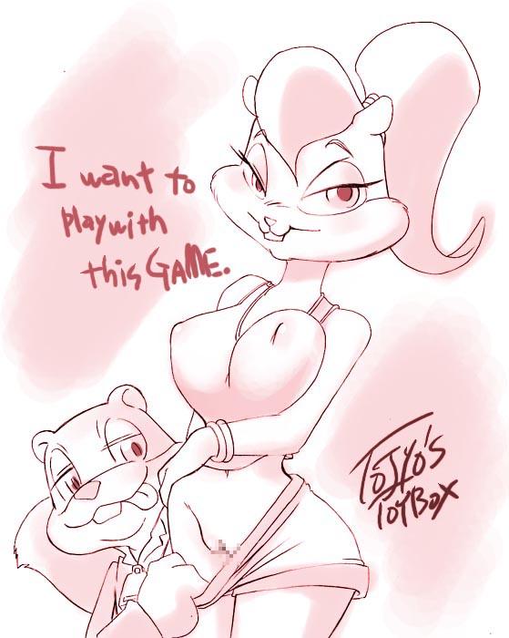 aku tojyo, berri, conker, conker's bad fur day, rareware, censored, clothes pull, covered erect nipples, furry, looking at viewer, monochrome, mosaic censoring, ponytail, shorts, shorts pull, sketch