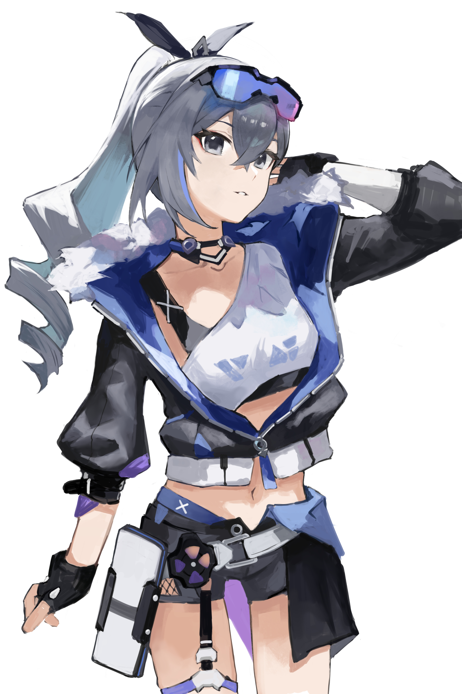 s 4ik4, silver wolf (honkai: star rail), honkai: star rail, honkai (series), absurdres, commentary request, highres, 1girl, black gloves, black jacket, black shorts, breasts, drill hair, drill ponytail, eyewear on head, fingerless gloves, fur-trimmed jacket, fur trim, gloves, gradient-tinted eyewear, grey eyes, grey hair, jacket, long hair, looking at viewer, midriff, navel, ponytail, purple-tinted eyewear, shirt, shorts, simple background, single-shoulder shirt, single drill, solo, tinted eyewear, white background, white shirt