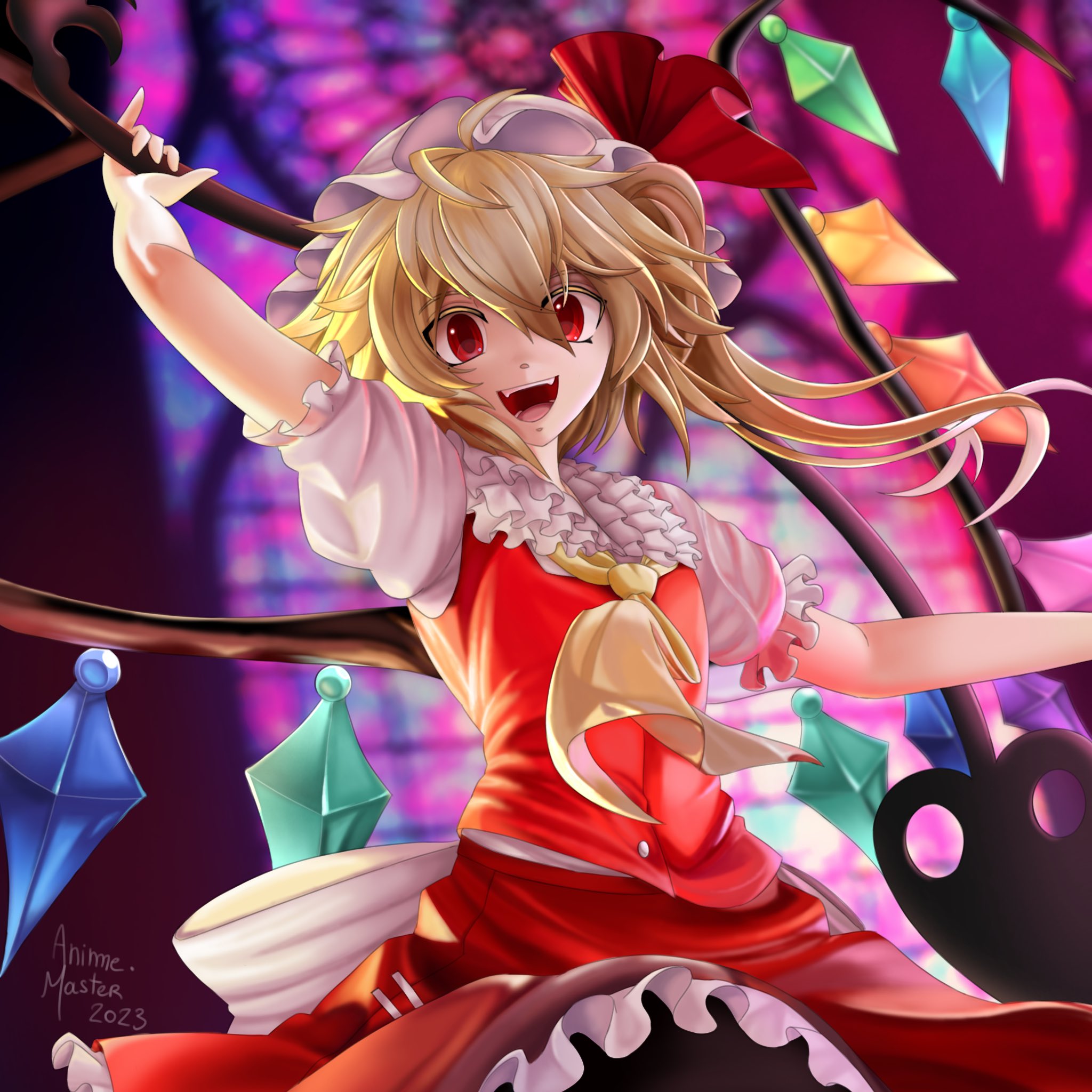 animemaster, flandre scarlet, touhou, commentary, english commentary, highres, 1girl, :d, artist name, ascot, back bow, blonde hair, bow, collar, crystal, crystal wings, dated, fangs, frilled collar, frilled skirt, frilled sleeves, frills, hair between eyes, hat, holding, holding weapon, indoors, laevatein (touhou), looking at viewer, mob cap, open mouth, puffy short sleeves, puffy sleeves, red eyes, red shirt, red skirt, red vest, ribbon, shirt, short hair, short sleeves, side ponytail, skirt, smile, solo, teeth, vest, weapon, white bow, wings, yellow ascot