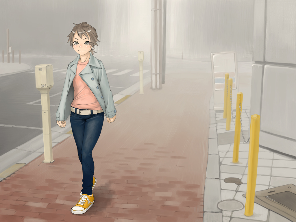 momio, ofukuro-sama, omotsu, converse, original, 1girl, belt, brown hair, casual, denim, female focus, grey eyes, jacket, jeans, pants, realistic, shoes, short hair, sneakers, solo, urban, urban fashion