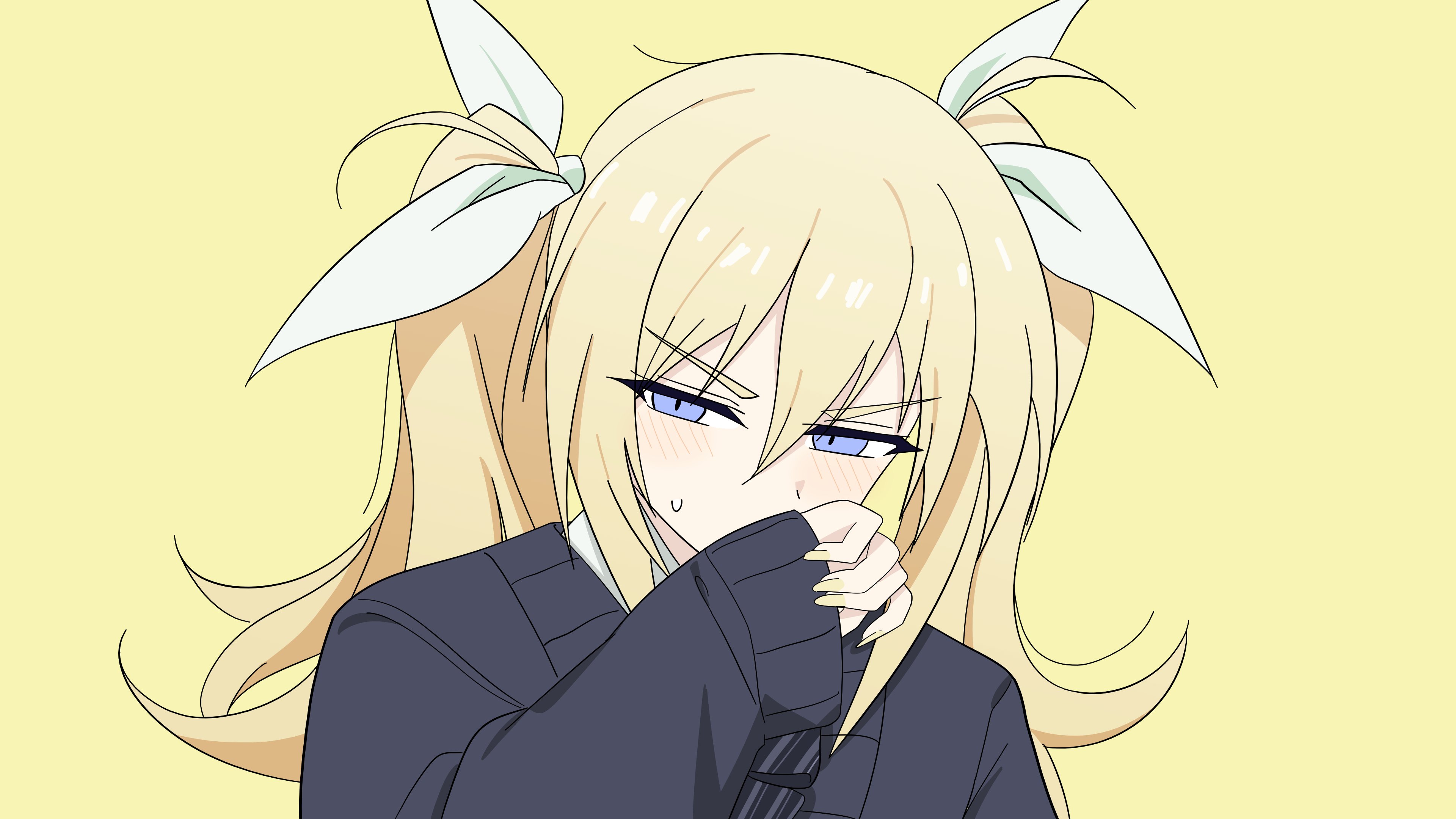 arimura hinae, chaos;child, science adventure, zako (vocaloid), absurdres, commentary request, highres, 1girl, alternate costume, biga3937, blonde hair, blue eyes, blush, hair between eyes, hair ribbon, long hair, long sleeves, looking at viewer, nervous sweating, ribbon, simple background, solo, sweat, sweatdrop, twintails, upper body, yellow background